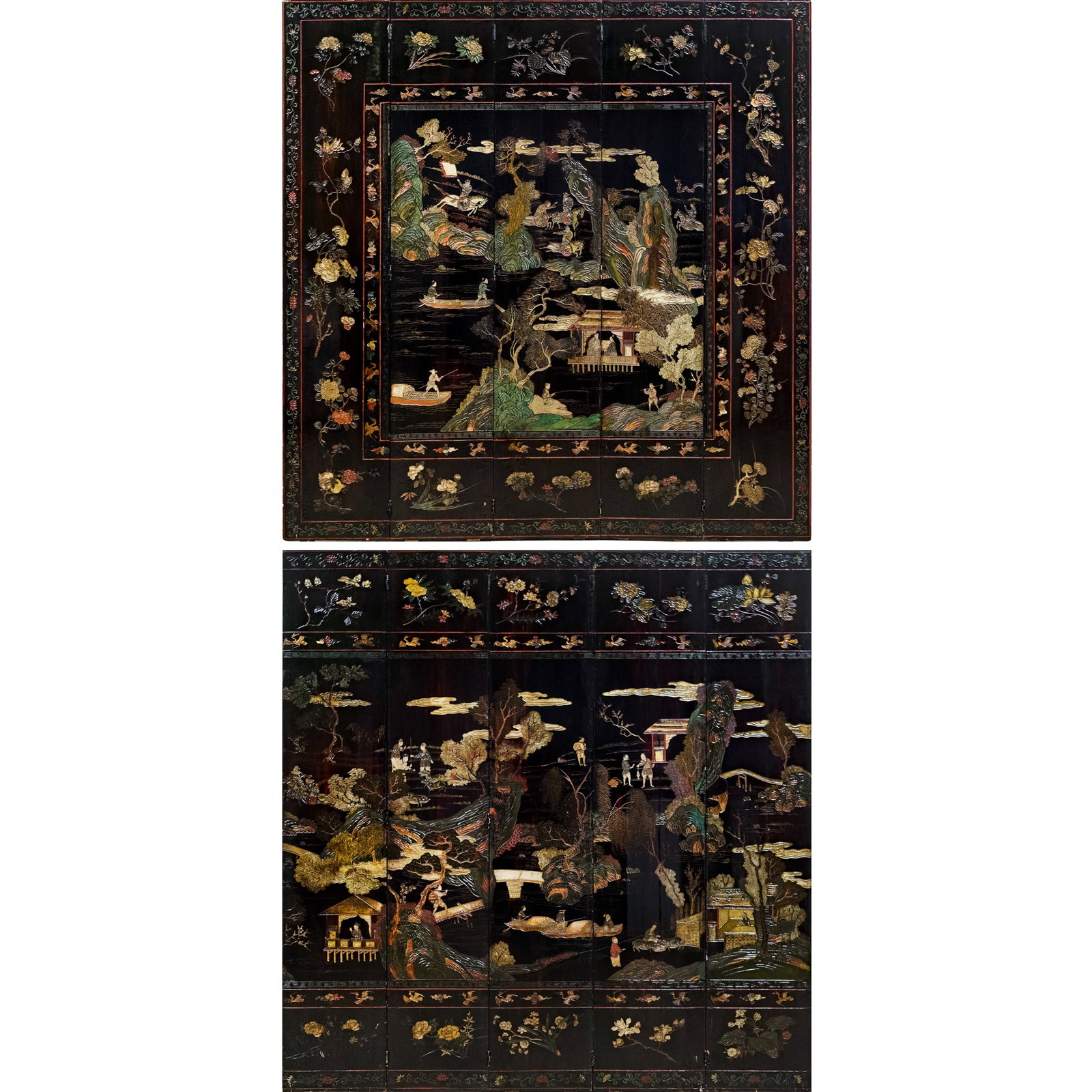 Two five-panel sets of Chinese painted black lacquer folding screens, 18th/19th century (1 of 17)
