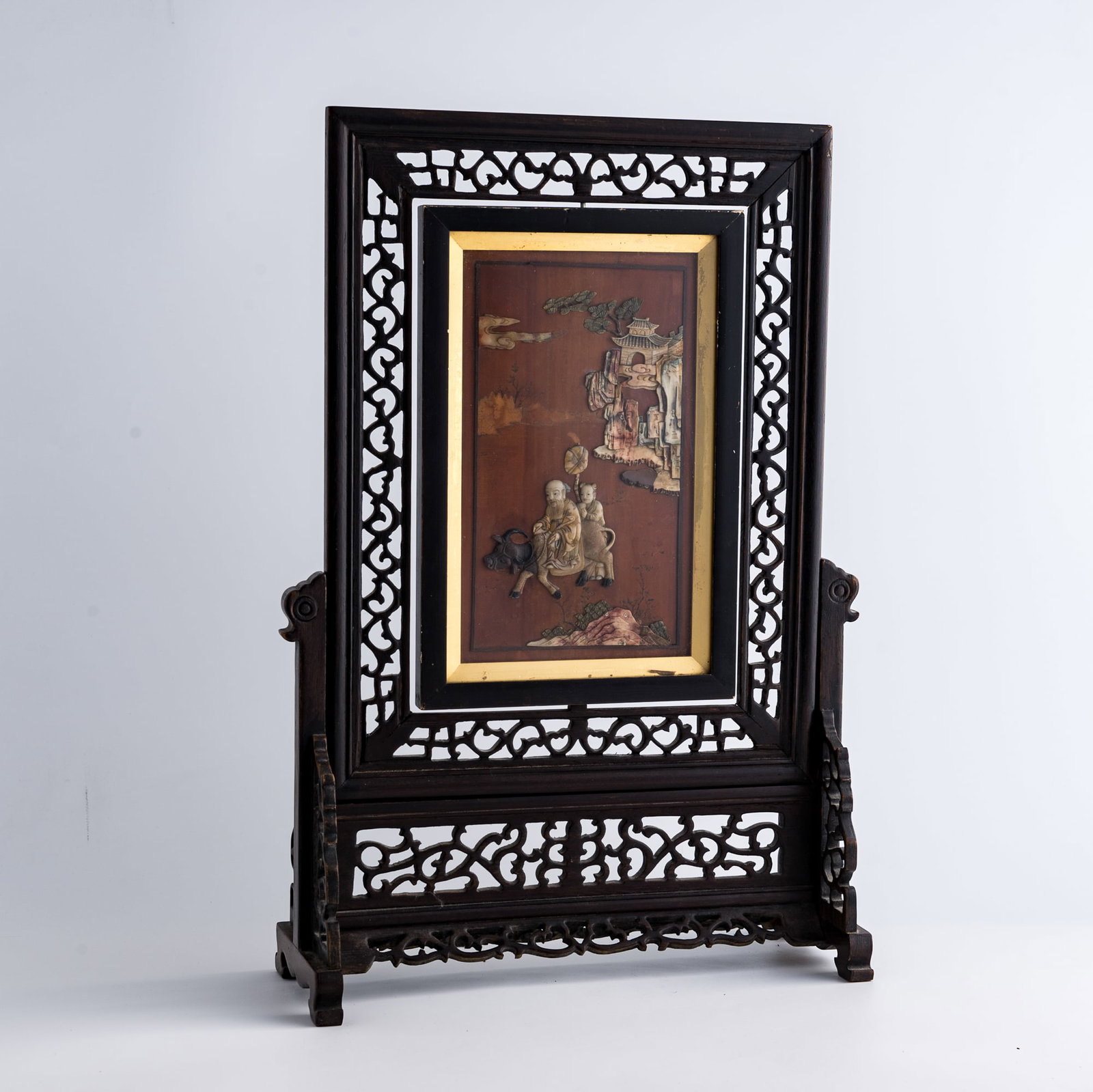 A Chinese hardwood table screen applied with hardstone, 19th century (1 of 8)