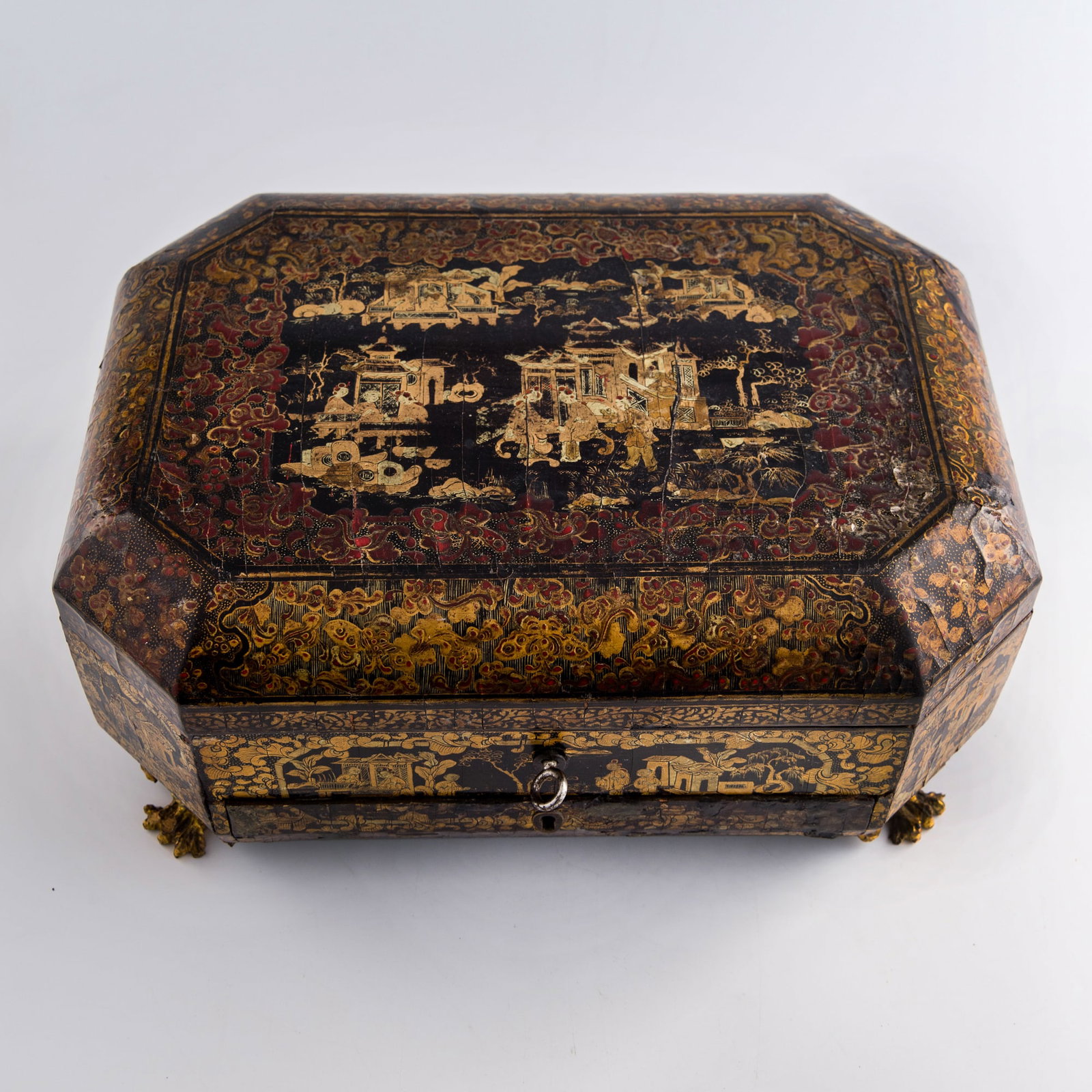 A Chinese export gilt-decorated lacquer vanity box, late 19th century: A Chinese export gilt-decorated lacquer vanity box late 19th century H: 6 1/4, W: 13 1/2, D: 9 3/4 in. (H: 15.9, W: 34.3, D: 24.8 cm.) Private collection, Gaithersburg, Maryland.