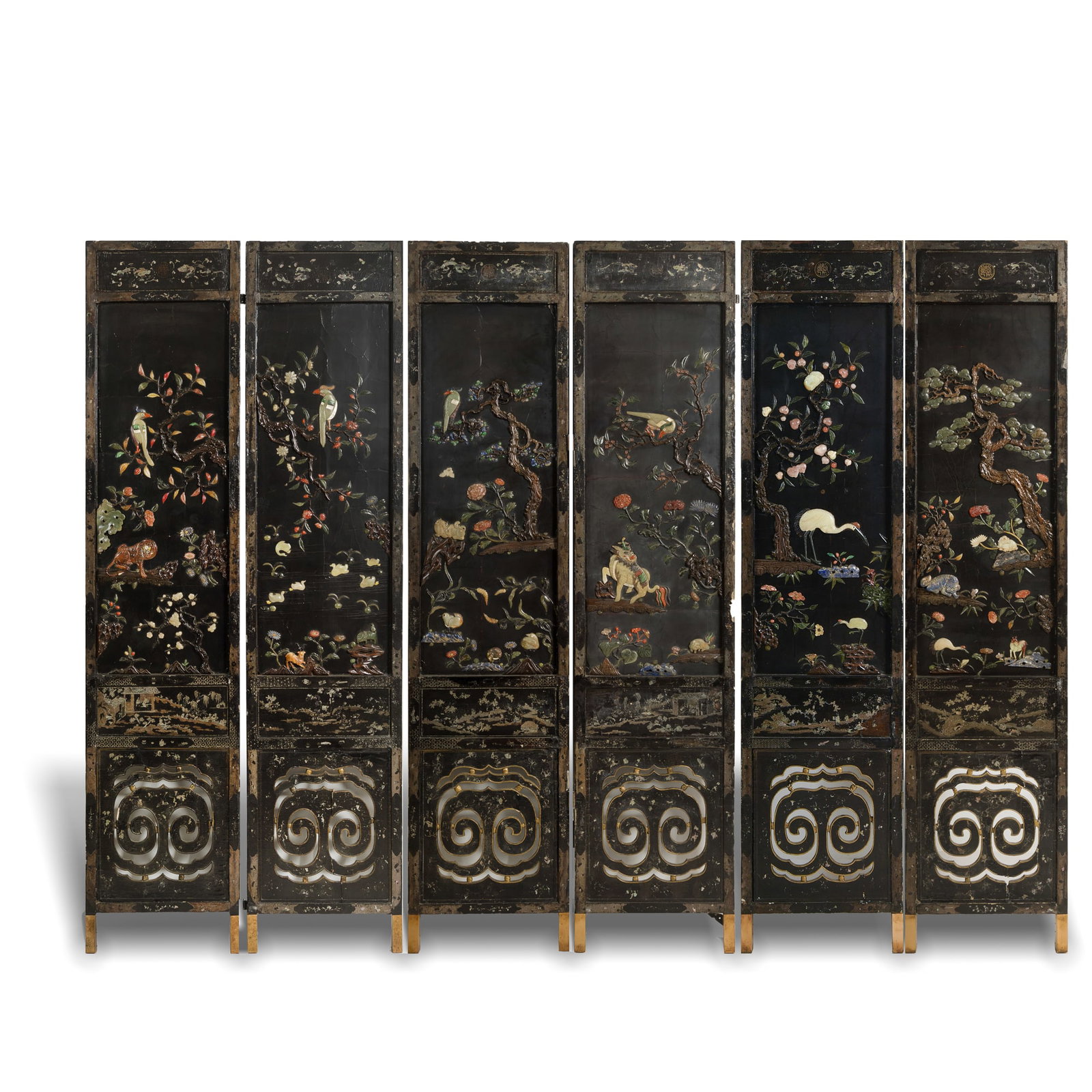 A Chinese six-panel black lacquer hardstone-inlaid screen, 18th century: A Chinese six-panel black lacquer hardstone-inlaid screen 18th century H: 92 1/2, W: 20 1/2 in. (H: 235, W: 52.1 cm. (each)) Private collection, New York. C