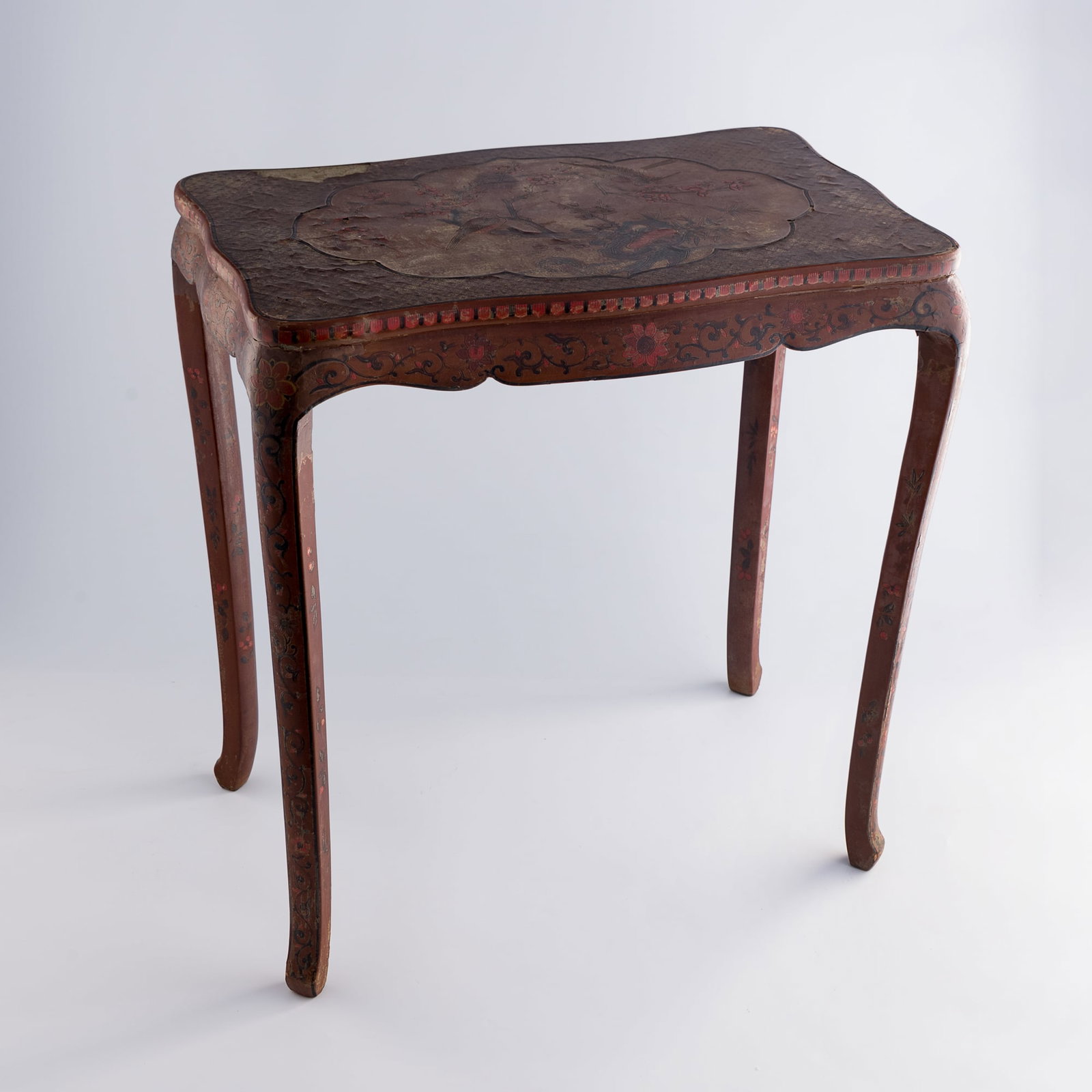 A Chinese polychrome-painted wood 'flower and bird' stand, 18th century: A Chinese polychrome-painted wood 'flower and bird' stand 18th century H: 23 1/2, W: 22 1/2, D: 14 1/4 in. (H: 59.7, W: 57.2, D: 36.2 cm.) Private collection, New York.