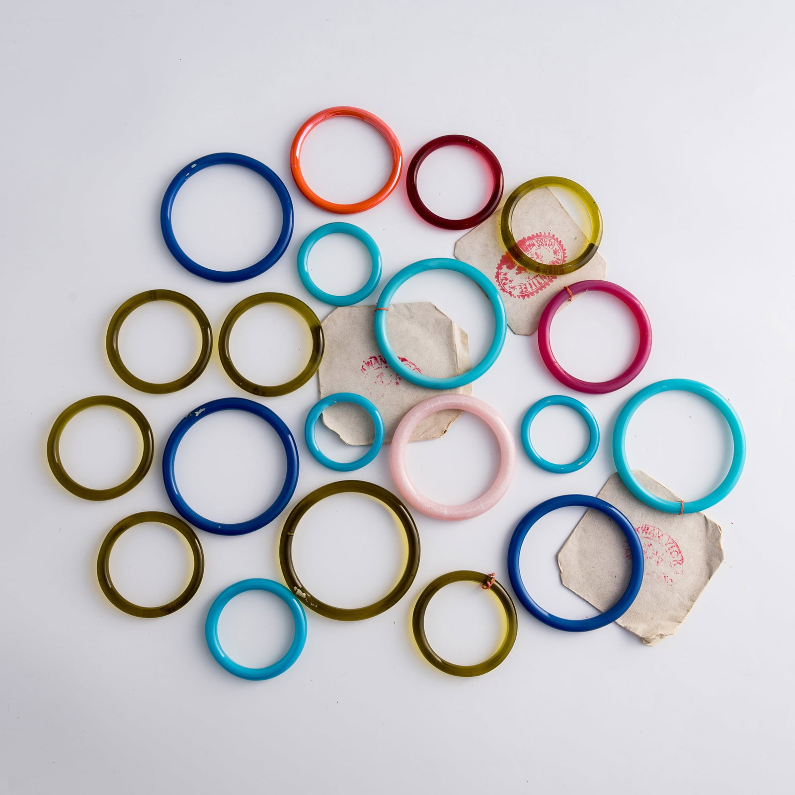 A collection of Chinese glass bangles, Republic period or later: A collection of Chinese glass bangles Republic period or later Smallest: Outer Dia: 51.7, Inner Dia: 39.6 mm Largest: Outer Dia: 90, Inner Dia: 74.6 mm Private collection, Lovettsville, Virginia.