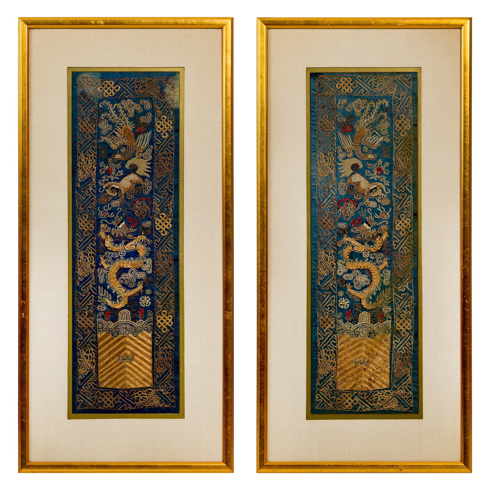 A pair of Chinese gold-thread embroidered sleeves, late 19th century: A pair of Chinese gold-thread embroidered sleeves late 19th century framed. (2). Sight dimensions: H: 23 3/4, W: 7 1/2 in. (H: 60.3, W: 19.1 cm. (each)) Overall dimensions: H: 32, W: 15 1/4 in. (H: 81
