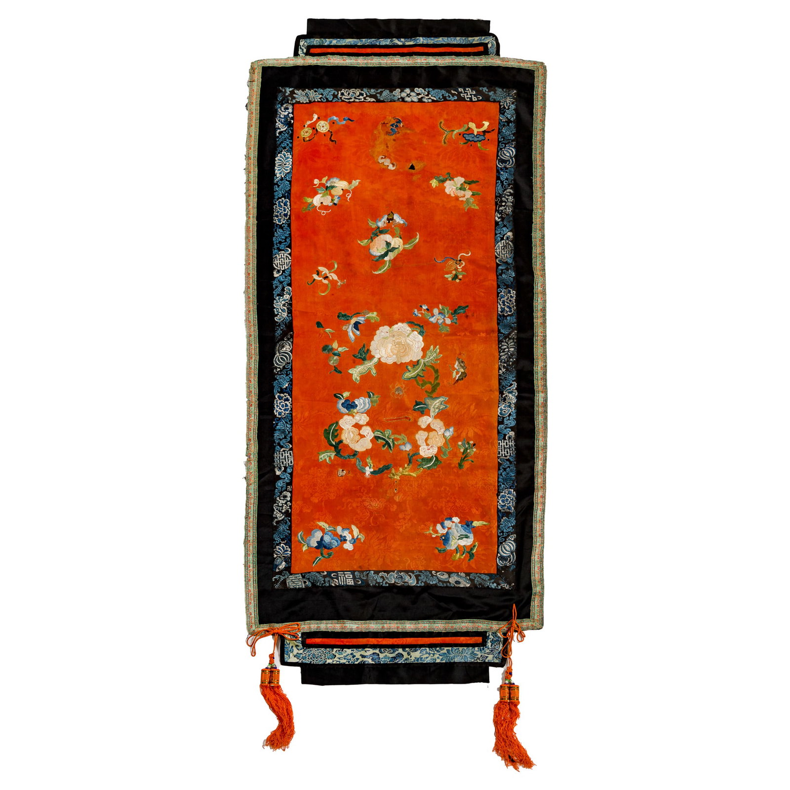 A Chinese orange-ground embroidered 'floral' panel, 19th century: A Chinese orange-ground embroidered 'floral' panel 19th century H: 56 1/4, W: 21 1/2 in. (H: 142.9, W: 54.6 cm.) Private collection, San Francisco, California.