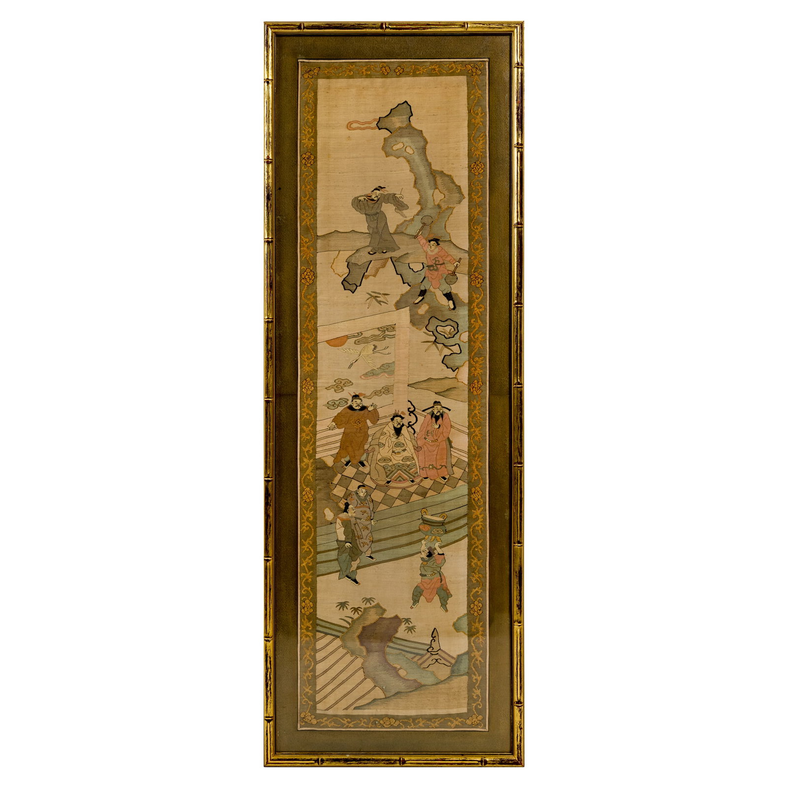 A Chinese kesi 'figural' embroidery, late 19th century: A Chinese kesi 'figural' embroidery late 19th century framed. Sight dimensions: H: 40, W: 11 in. (H: 101.6, W: 27.9 cm.) Overall dimensions: H: 44 1/2, W: 15 1/4 in. (H: 113, W: 38.7 cm.) Private coll