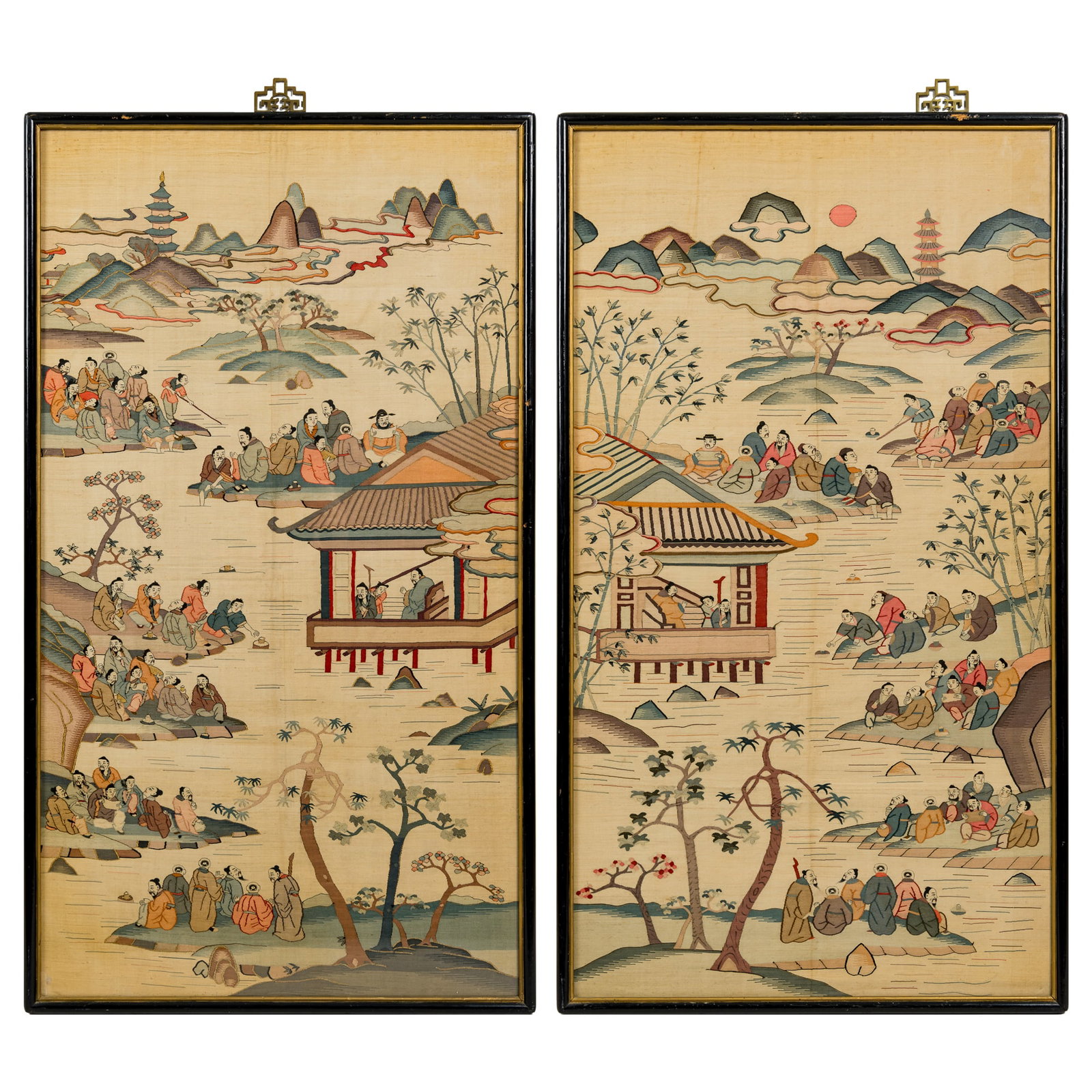 A pair of Chinese kesi 'Winding Stream Party' embroideries, late 19th century: A pair of Chinese kesi 'Winding Stream Party' embroideries late 19th century framed. (2). Overall dimensions: H: 40 1/4, W: 21 3/4 in. (H: 102.2, W: 55.2 cm. (each, including hanger)) Private collecti