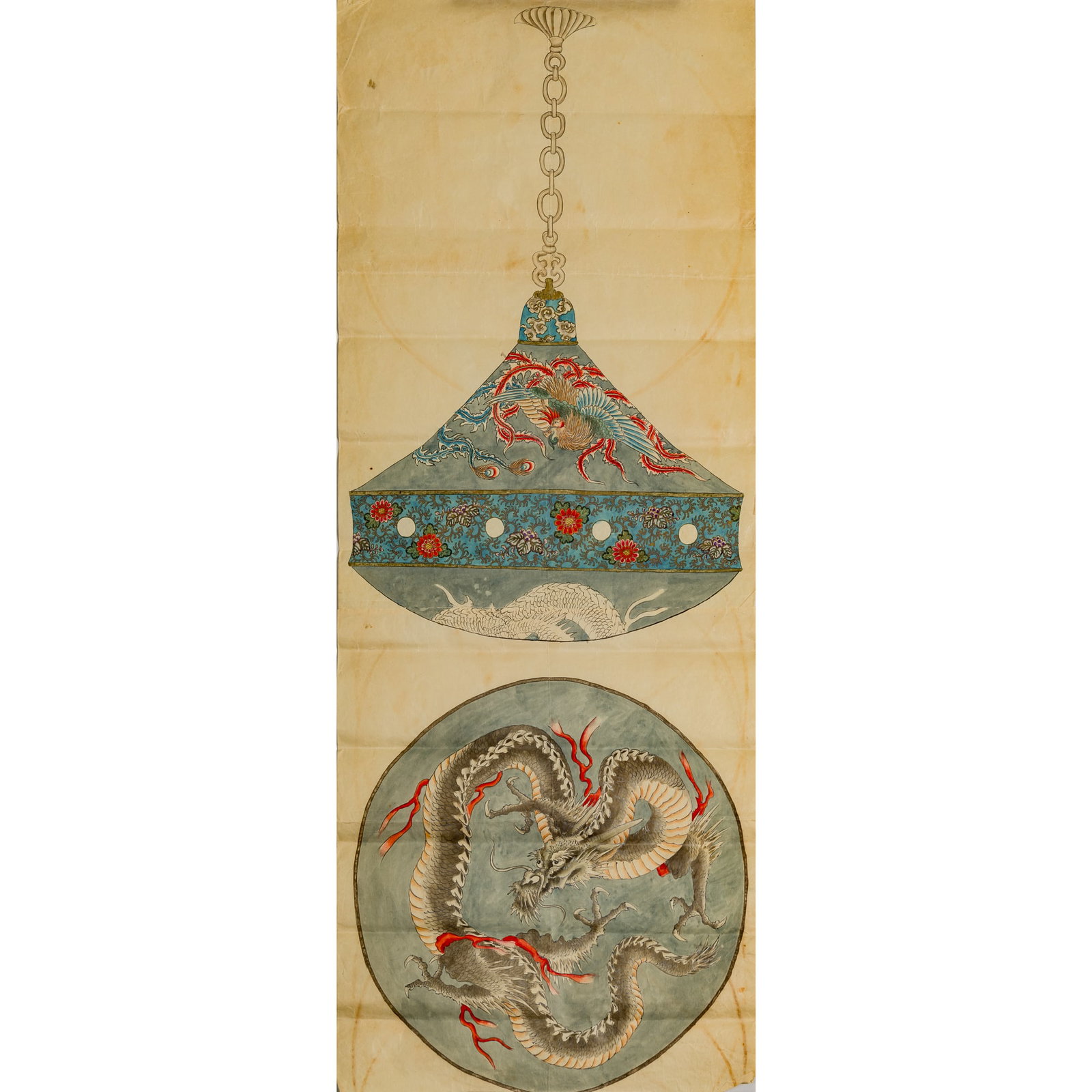 A concept drawing of two Chinese embroideries, Qing dynasty: A concept drawing of two Chinese embroideries Qing dynasty H: 53, W: 21 1/4 in. (H: 134.6, W: 54 cm. (approx.)) From Mrs. Curren, Ventura, California; acquired by her grandmother.