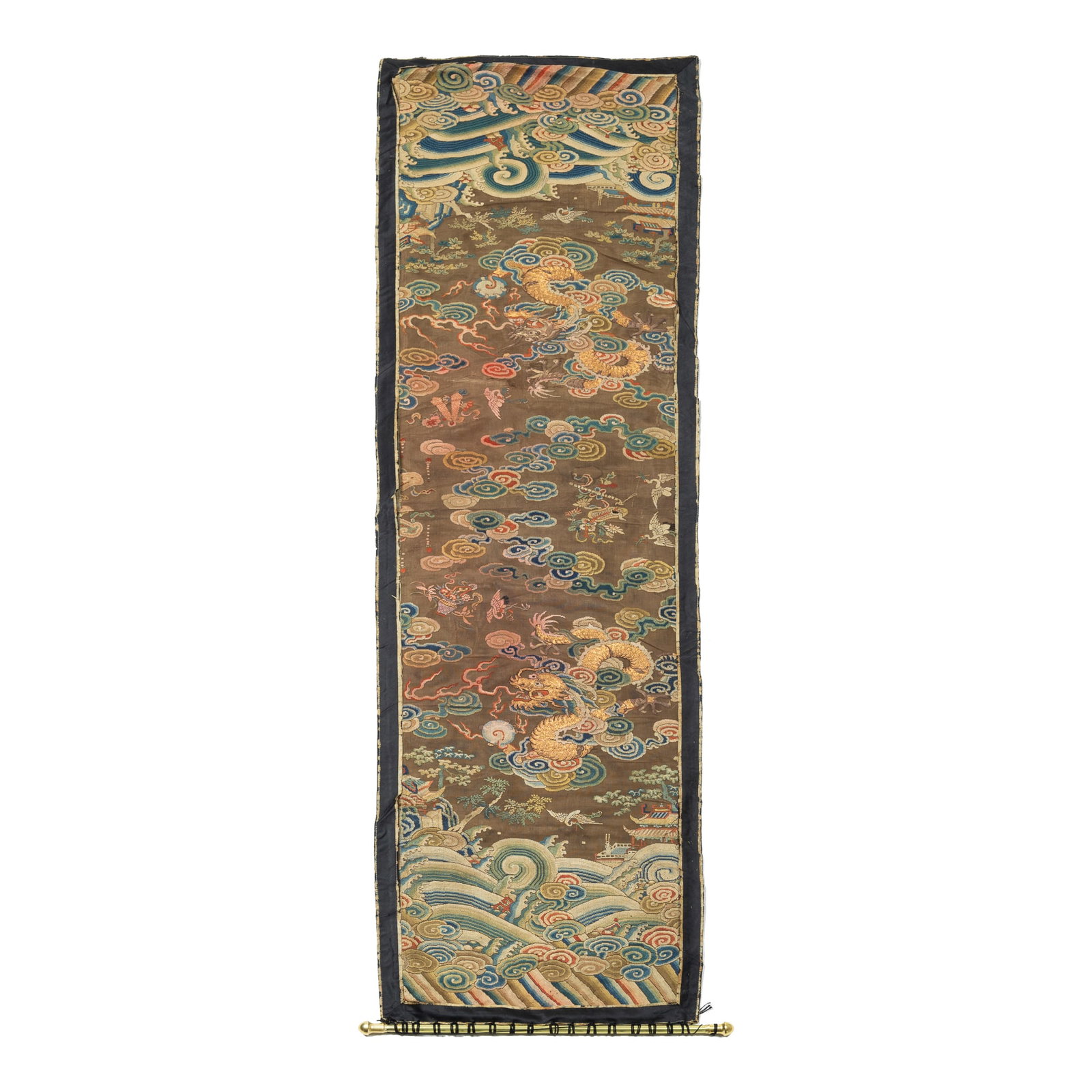 A Chinese brown-ground 'cloud and dragon' embroidery, 18th/19th century: A Chinese brown-ground 'cloud and dragon' embroidery 18th/19th century H: 57 7/8, W: 15 1/8 in. (H: 147, W: 38.4 cm.) From Mr. Lang, Denver, Colorado. Click