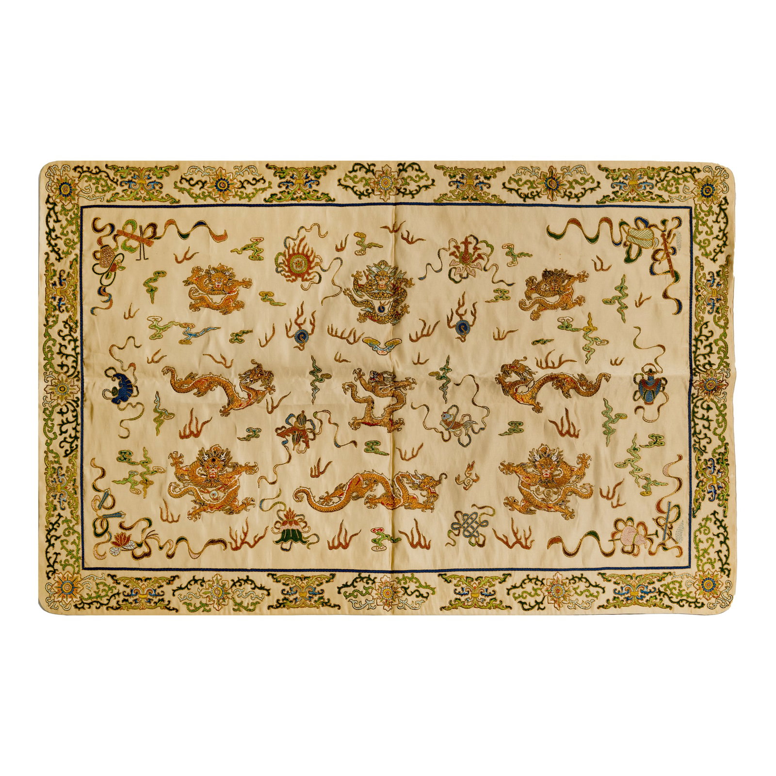 A Chinese beige satin-ground gold-couched hanging panel, 19th century: A Chinese beige satin-ground gold-couched hanging panel 19th century Embroidered with nine dragons amid flames, flaming pearls and a mix of Buddhist and Daoist emblems, within a floral-scroll border. 