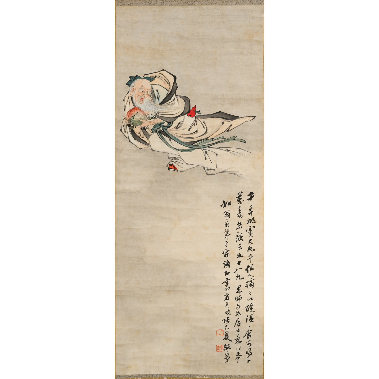A Chinese painting of Dongfang Shuo Stealing Peaches, hanging scroll, by Zhang Daxia (1916-2005) (1 of 5)
