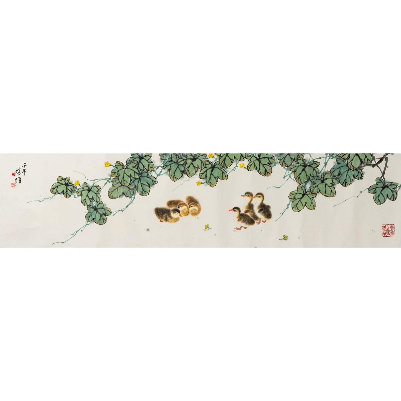 A Chinese horizontal painting of flower and bird, by Fang Chuxiong (b. 1950): A Chinese horizontal painting of flower and bird by Fang Chuxiong (b. 1950) With signature and three seals. Sight dimensions: H: 12 7/8, W: 52 1/4 in. (H: 32.7, W: 132.7 cm.) From Mr. Che of Laguna Wo