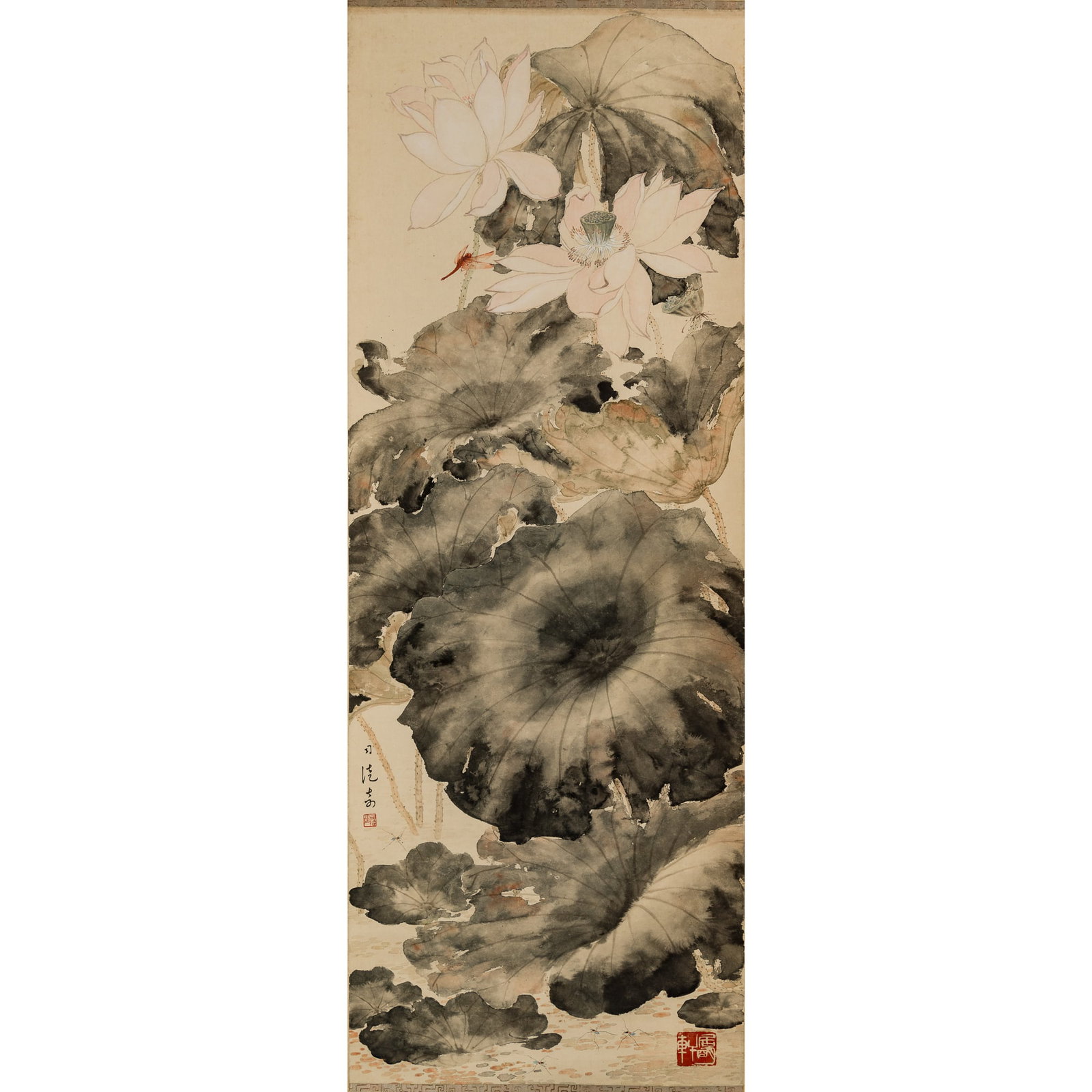 A Chinese 'lotus' painting, hanging scroll, by Situ Qi (1907-1997): A Chinese 'lotus' painting, hanging scroll by Situ Qi (1907-1997) With signature and two seals. Sight dimensions: H: 52 3/4, W: 19 in. (H: 134, W: 48.3 cm.) From Mr. Chou of Castro Valley, California.