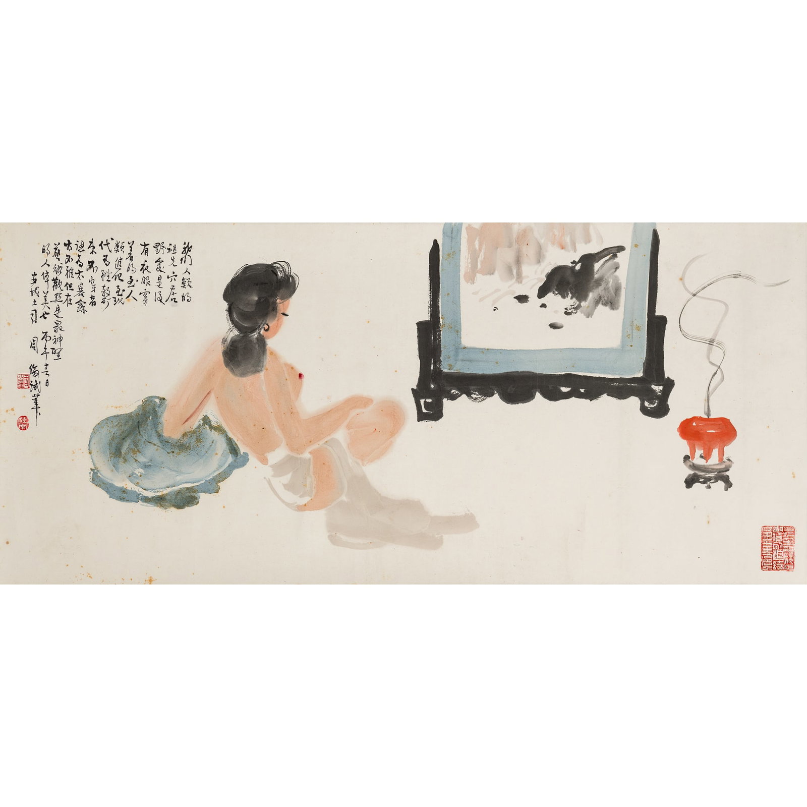 A Chinese painting of a nude lady, by Zhou Gongli (1903-1989): A Chinese painting of a nude lady by Zhou Gongli (1903-1989) With inscription, signature and three seals. Sight dimensions: H: 15 1/4, W: 38 in. (H: 38.7, W: 96.5 cm.) Lots 416 to 432 came from Mrs. K