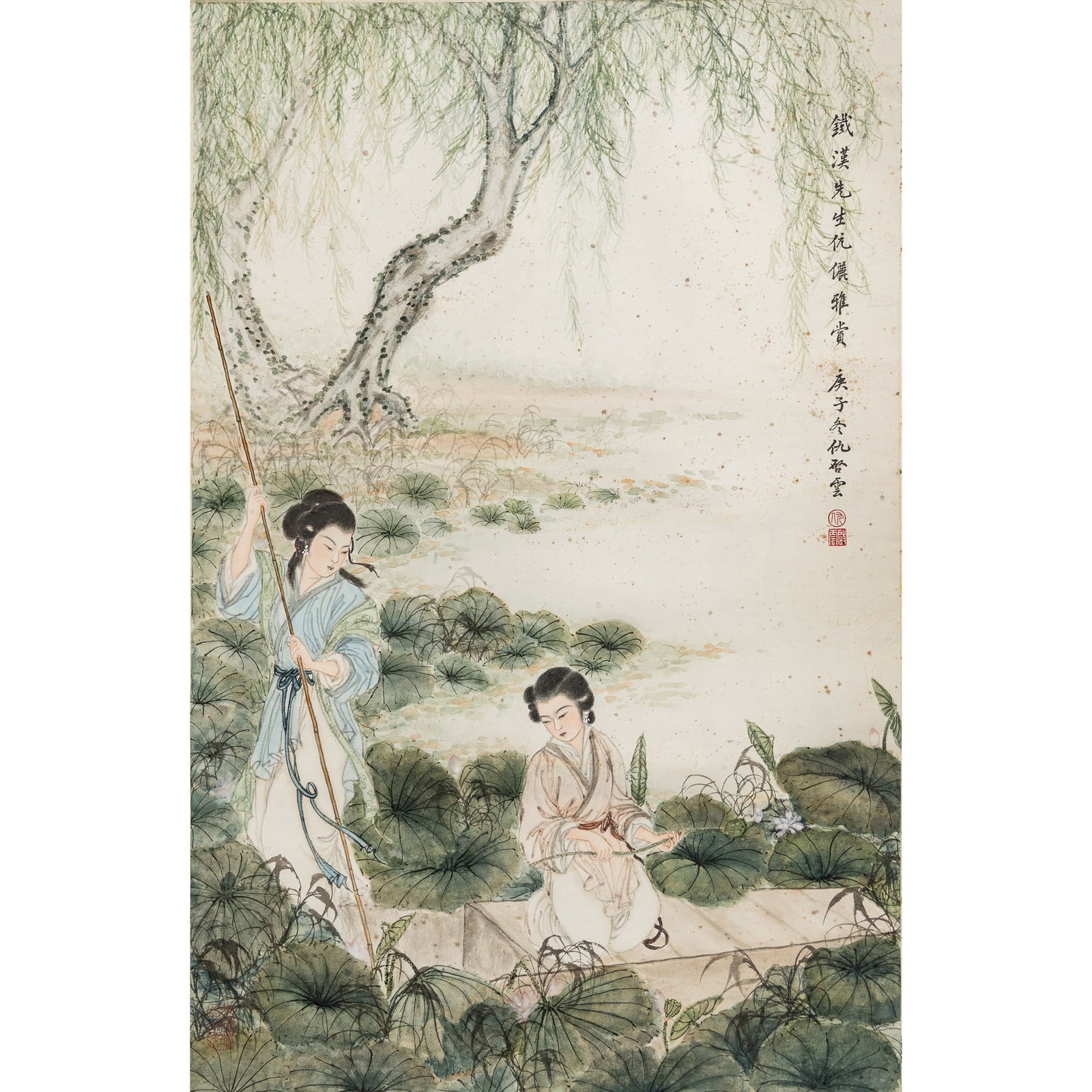A Chinese painting of court ladies, by Qiu Qiyun (1915-?), dedicated to Tiehan and his wife, dated: A Chinese painting of court ladies by Qiu Qiyun (1915-?), dedicated to Tiehan and his wife, dated 1960 With inscription, signature and three seals. Sight dimensions: H: 29 1/4, W: 19 1/2 in. (H: 74.3,