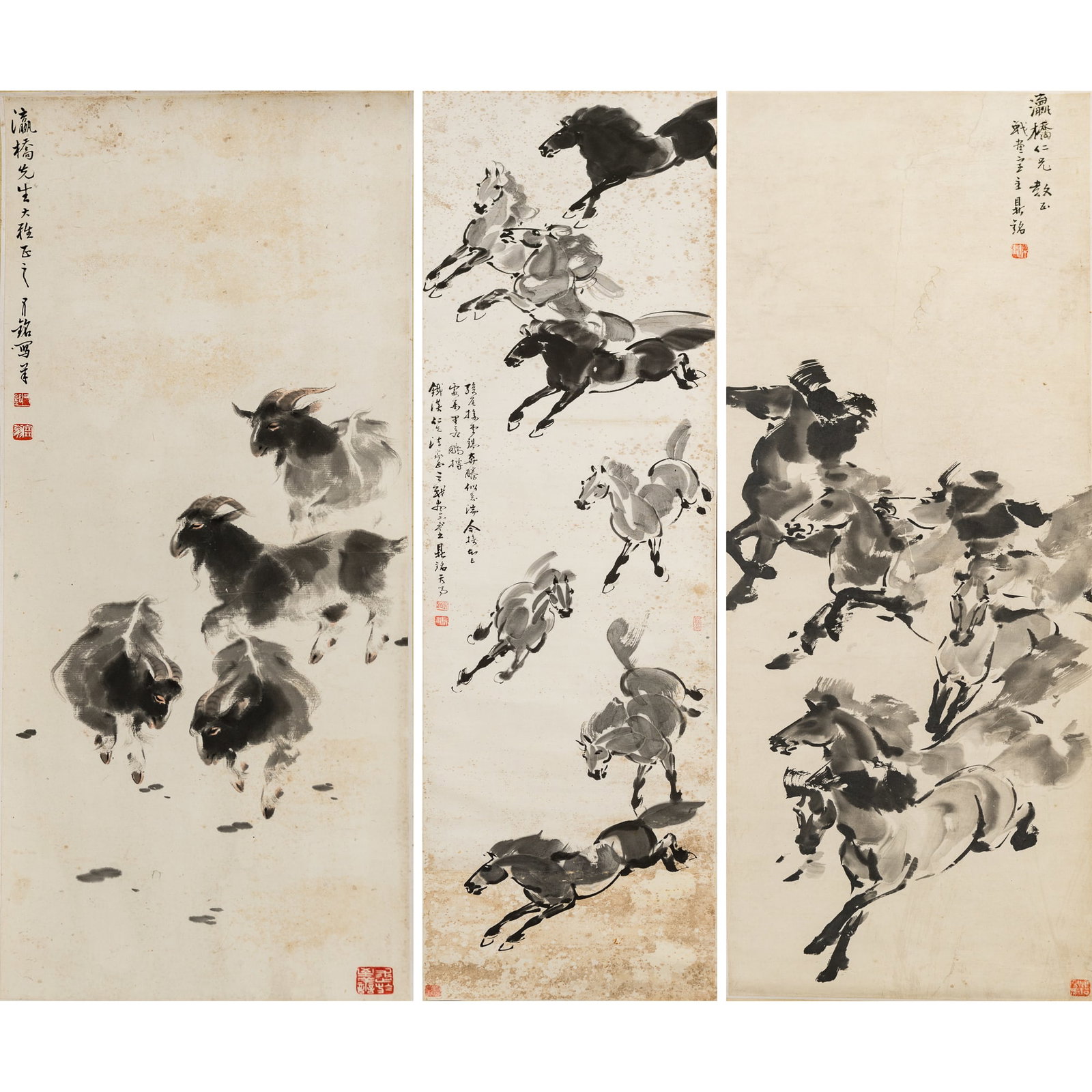 Three Chinese paintings of goats and horses, hanging scroll, by Liang Dingming (1898-1959) (1 of 11)