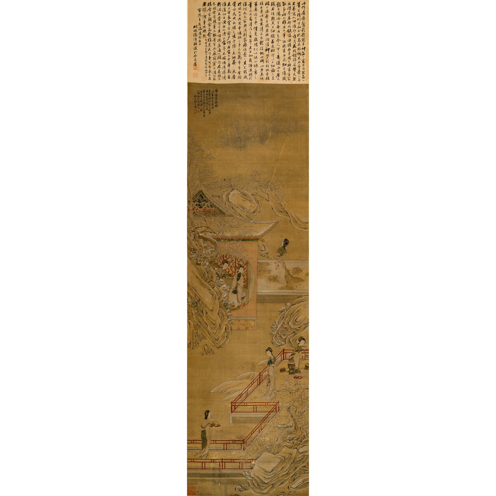 A Chinese snowy landscape painting, hanging scroll, attributed to Qiu Ying (1494-1552): A Chinese snowy landscape painting, hanging scroll attributed to Qiu Ying (1494-1552) On silk; with four seals. Sight dimensions: H: 69 1/4, W: 18 1/2 in. (H: 175.9, W: 47 cm.) From Mrs. Schmidt of Co