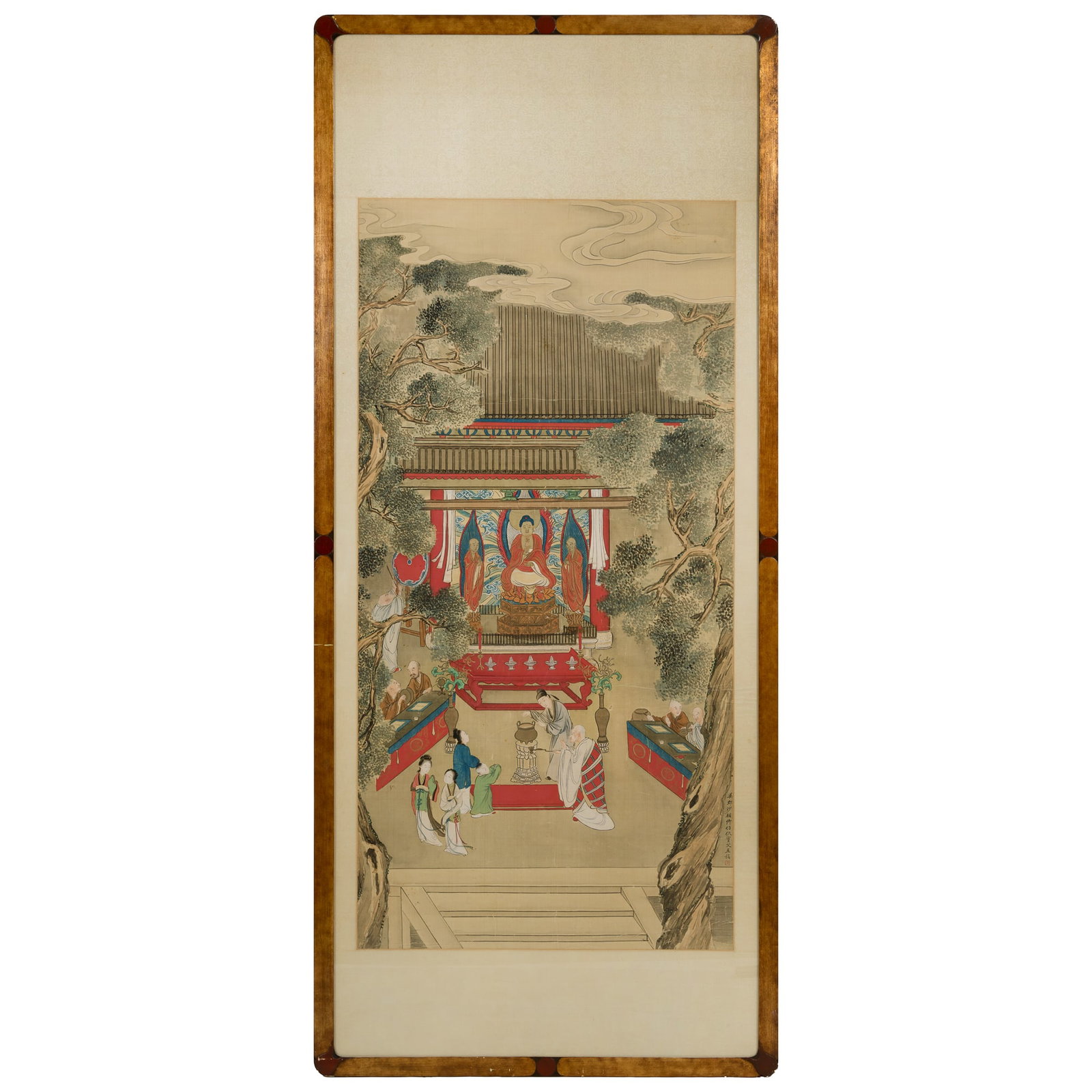 A Chinese painting of paying homage to Buddha, after Qiu Ying, by Sha Fuqing (1875-1945): A Chinese painting of paying homage to Buddha after Qiu Ying, by Sha Fuqing (1875-1945) With signature and one seal; framed. Sight dimensions: H: 55 1/2, W: 27 1/2 in. (H: 141, W: 69.9 cm.) Overall di