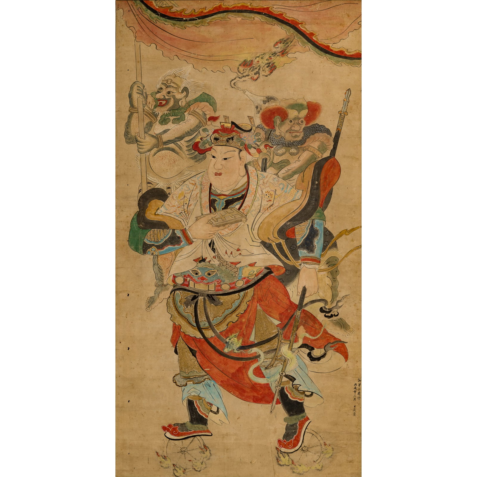 A Chinese 'Heavenly King' painting, hanging scroll, Qing dynasty: A Chinese 'Heavenly King' painting, hanging scroll Qing dynasty With inscription identifying patron as Shi Xiu. Sight dimensions: H: 45, W: 23 in. (H: 114.3, W: 58.4 cm.) From Mrs. Curren of Thousand 