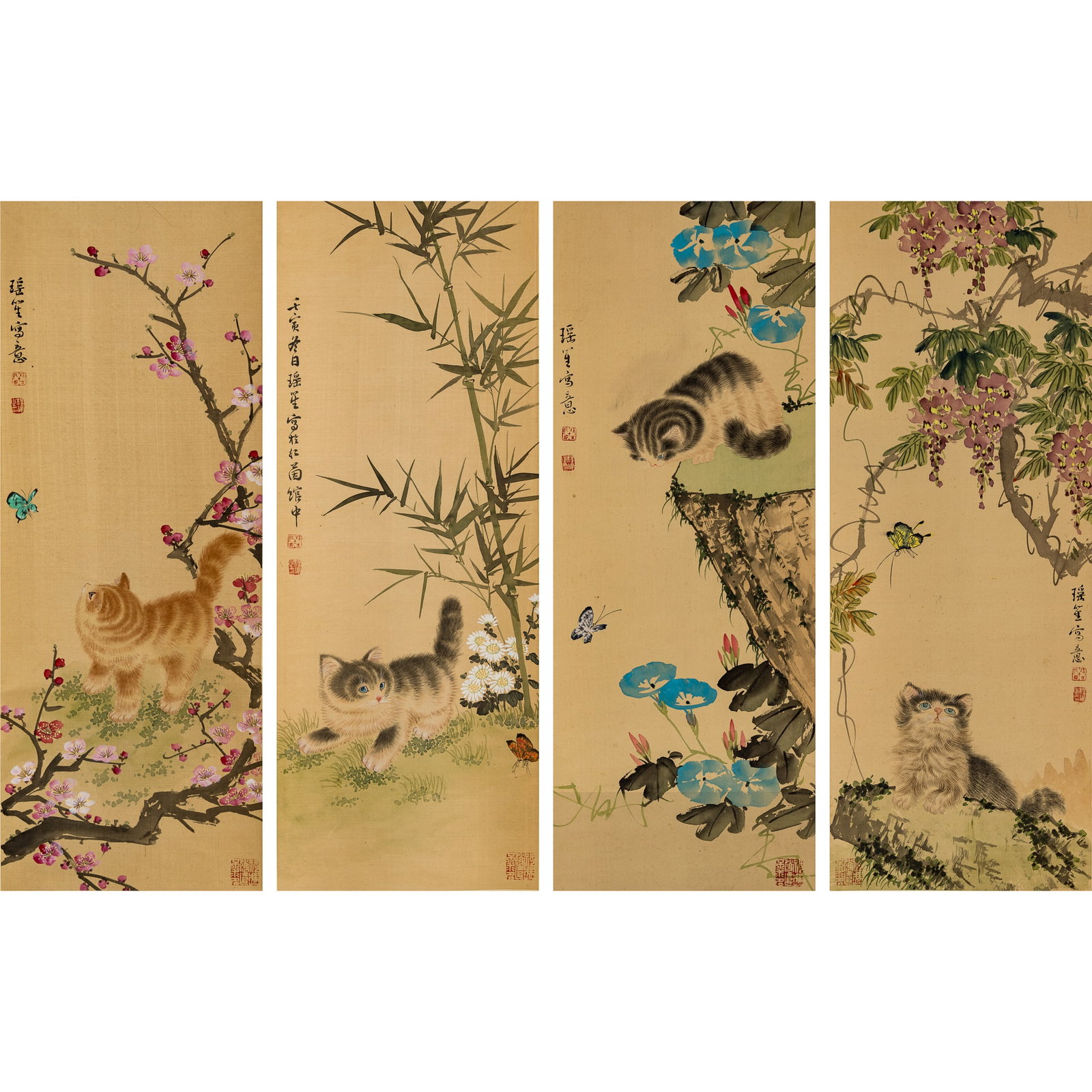 Four Chinese paintings of kittens, hanging scroll, by Cheng Yaosheng (1869-1938) (1 of 16)
