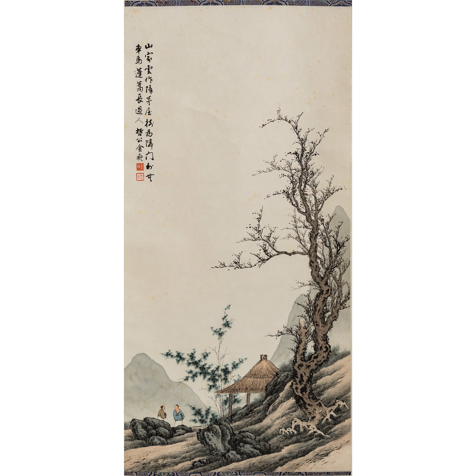 A Chinese painting of landscape and figures, hanging scroll, by Jin Zhegong, 20th century (1 of 4)