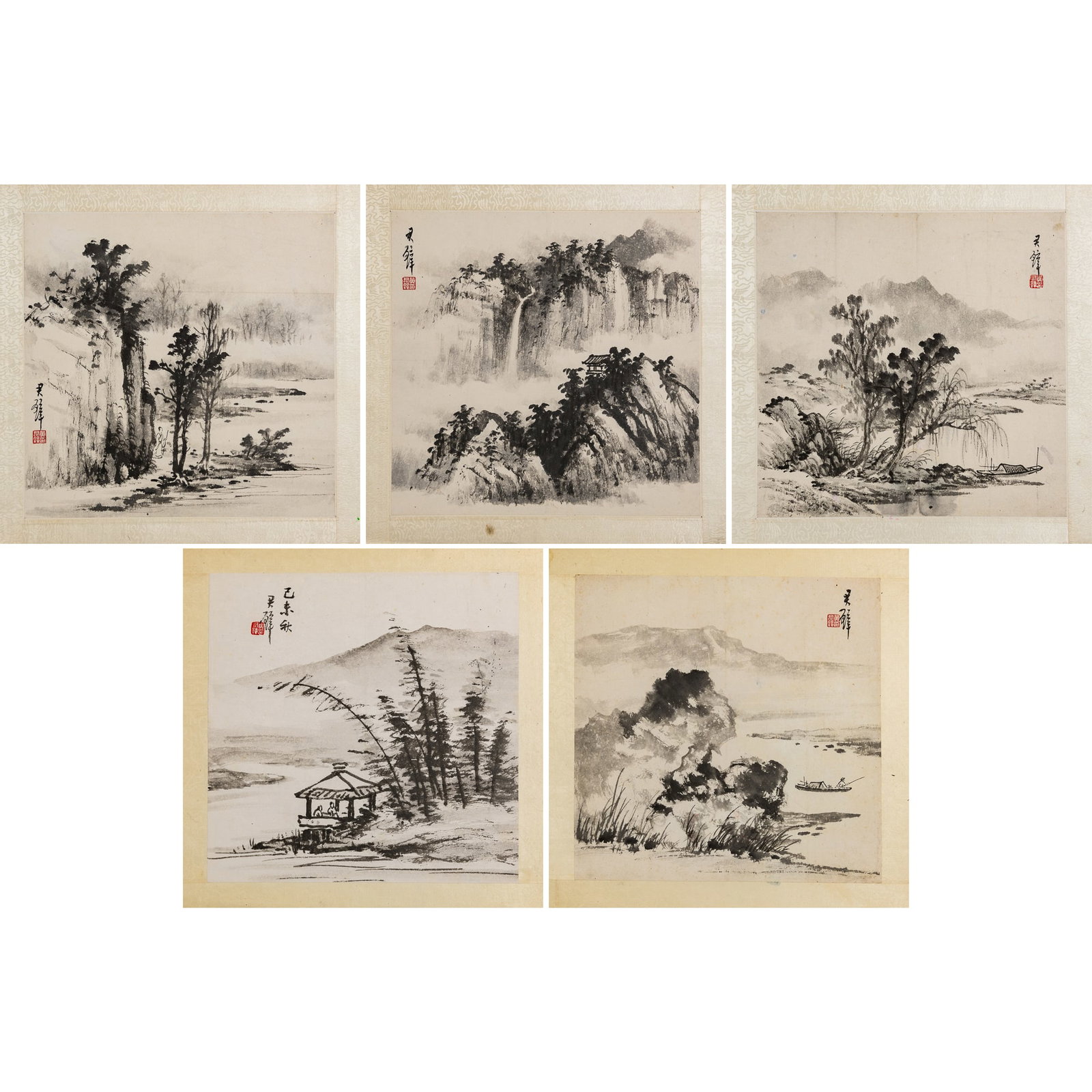 Five Chinese landscape album leaves, by Huang Junbi (1898-1991): Five Chinese landscape album leaves by Huang Junbi (1898-1991) Each with signature and one seal. (5). Sight dimensions: H: 11 3/4, W: 12 in. (H: 29.8, W: 30.5 cm. (each)) Lots 468 to 479 came from Ms.