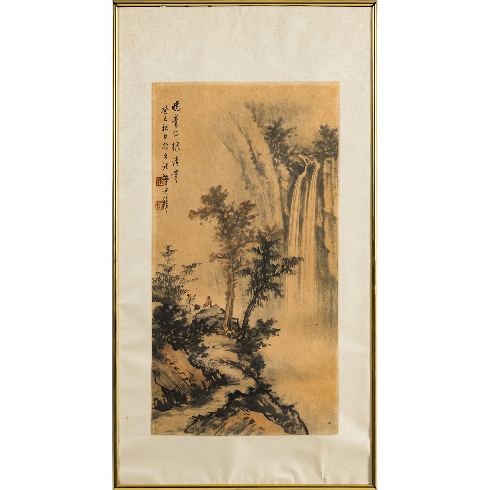 A Chinese 'Viewing Waterfall' painting, by Huang Junbi (1898-1991), dated 1953: A Chinese 'Viewing Waterfall' painting by Huang Junbi (1898-1991), dated 1953 Dedicated to Xiaojing; with date, signature, and two seals; framed. Sight dimensions: H: 22 1/4, W: 11 3/4 in. (H: 56.5, W