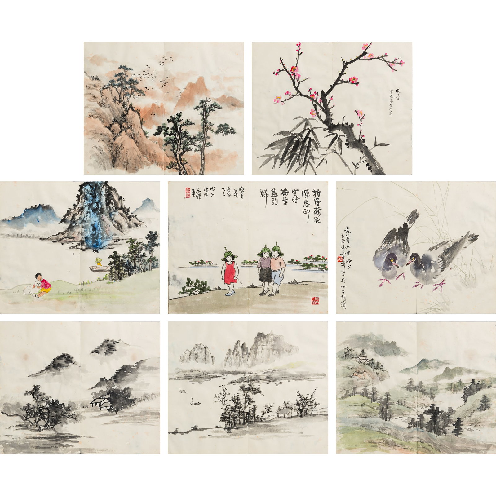 A Chinese album of paintings and calligraphy, by Feng Zikai and three others: A Chinese album of paintings and calligraphy by Feng Zikai and three others Comprising twenty-one paintings, one by Feng Zikai (1898-1975), one by Zhang Shuqi (1900-1957), others by Xiaojing; and one 