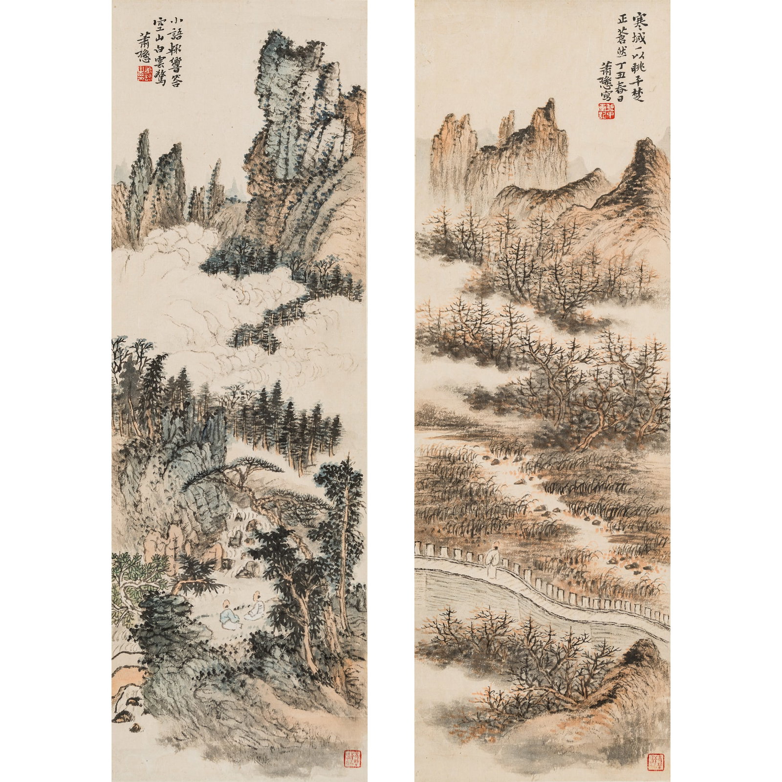 A pair of Chinese landscape paintings, by Xiao Xun (1883-1944) (1 of 9)