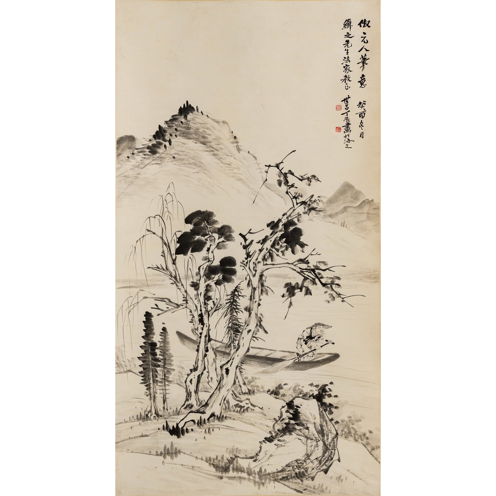 A Chinese painting of river boating, hanging scroll, by Ding Shichang (b. 1934) (1 of 4)