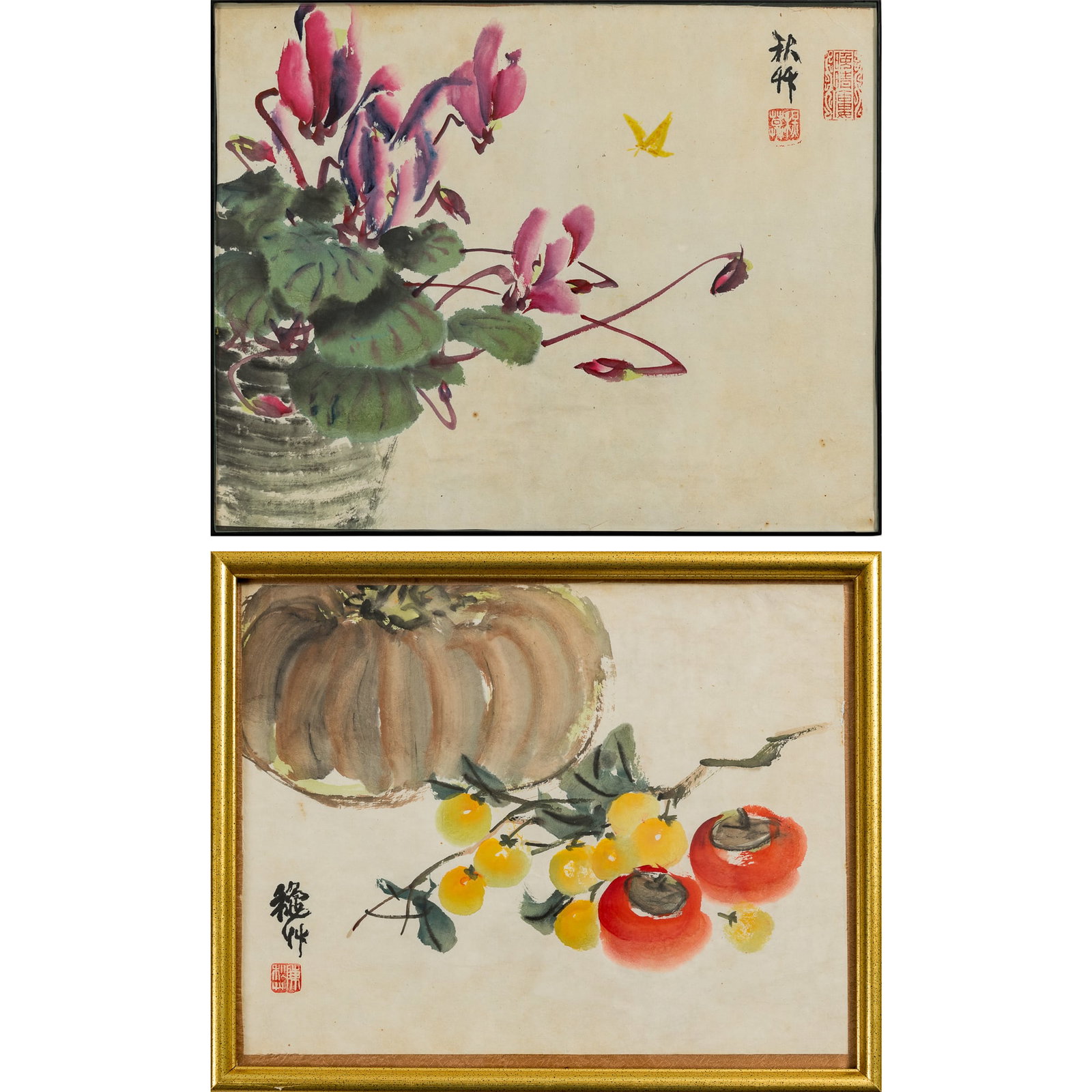 A Chinese 'morning glory' painting and a 'fruit' painting, by Chen Qiucao (1906-1988): A Chinese 'morning glory' painting and a 'fruit' painting by Chen Qiucao (1906-1988) One with signature and two seals, the other with signature and one seal; both framed. (2). Sight dimensions: H: 11,