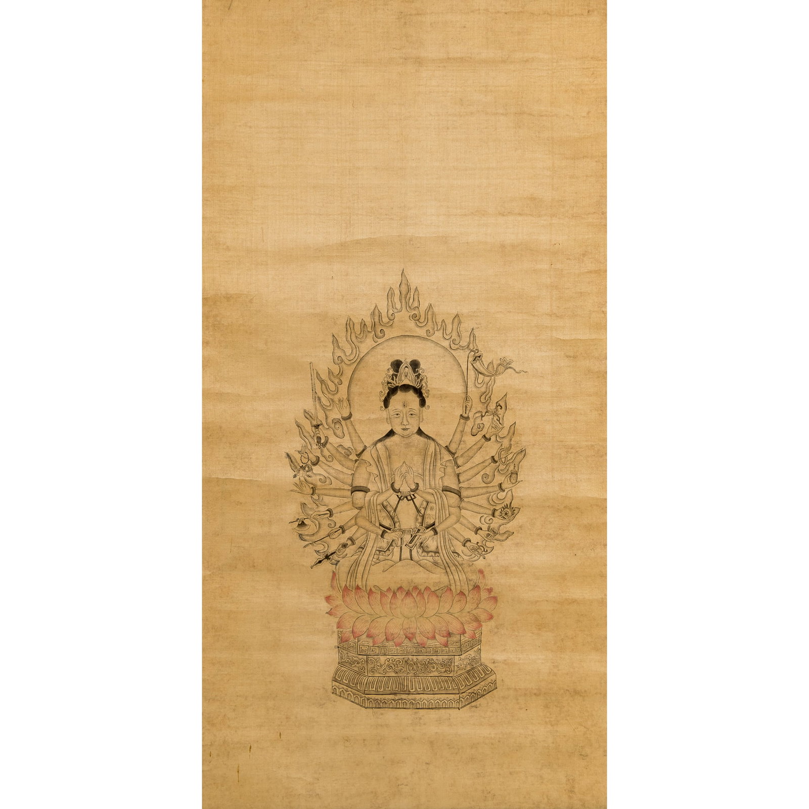A Chinese 'Thousand-Armed Guanyin' painting, hanging scroll, Qing dynasty: A Chinese 'Thousand-Armed Guanyin' painting, hanging scroll Qing dynasty On silk. Sight dimensions: H: 28 5/8, W: 14 1/2 in. (H: 72.7, W: 36.8 cm.) From Mr. Su of Mercer Island, Washington. Inherited 