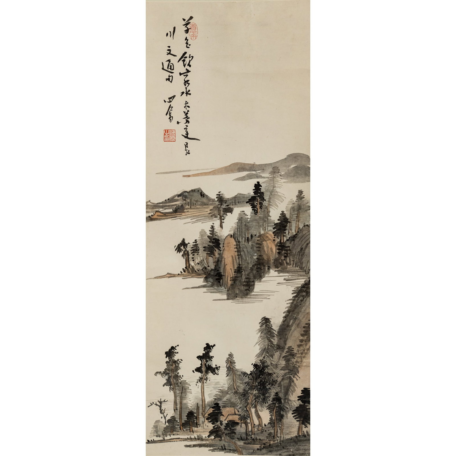 A Chinese landscape painting, hanging scroll, by Pu Ru (1896-1963): A Chinese landscape painting, hanging scroll by Pu Ru (1896-1963) With inscription, signature, and two seals. Sight dimensions: H: 25 3/4, W: 9 1/4 in. (H: 65.4, W: 23.5 cm.) From Mr. Su of Mercer Isl