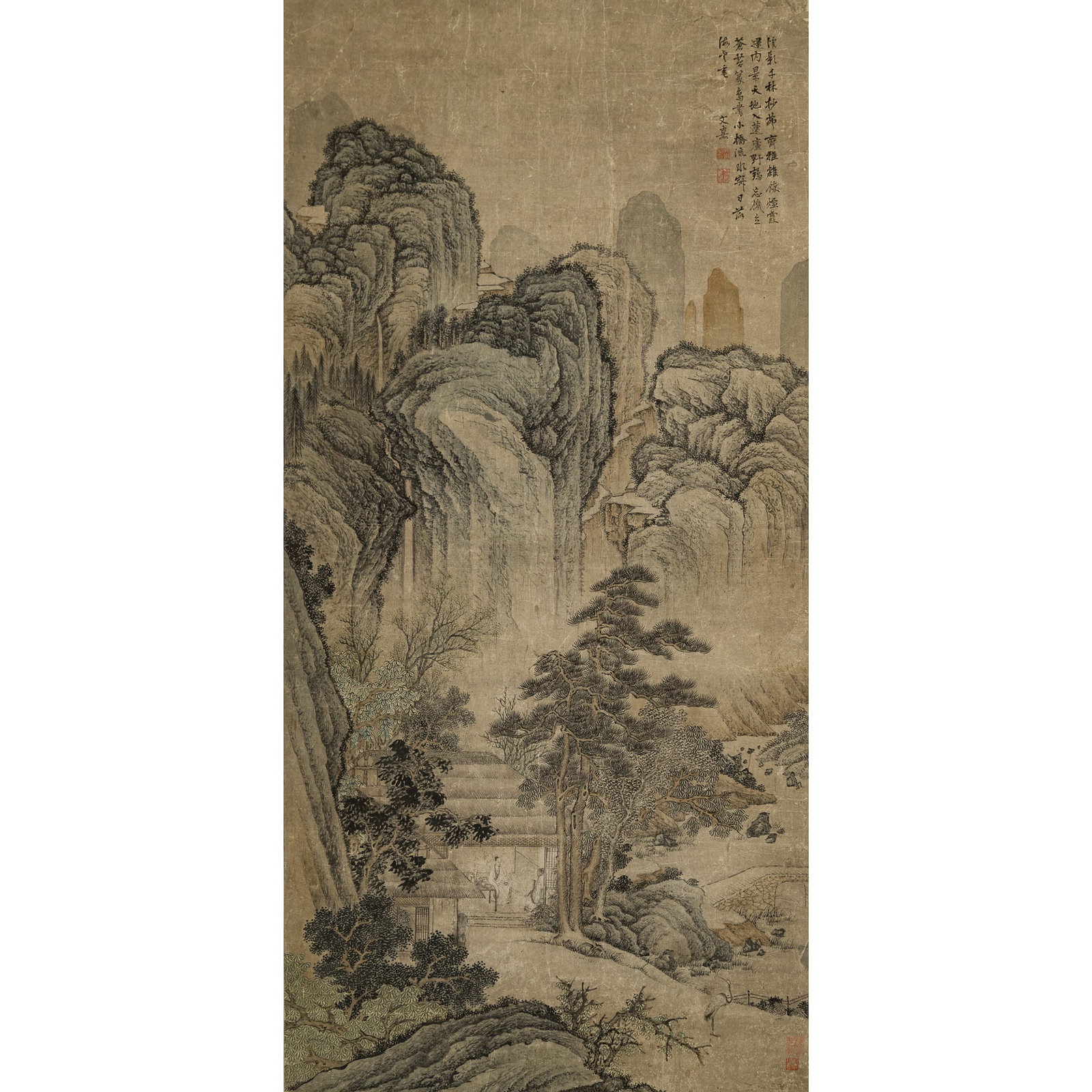 A Chinese painting of landscape and figures, by Wen Jia (1501-1583) (1 of 8)