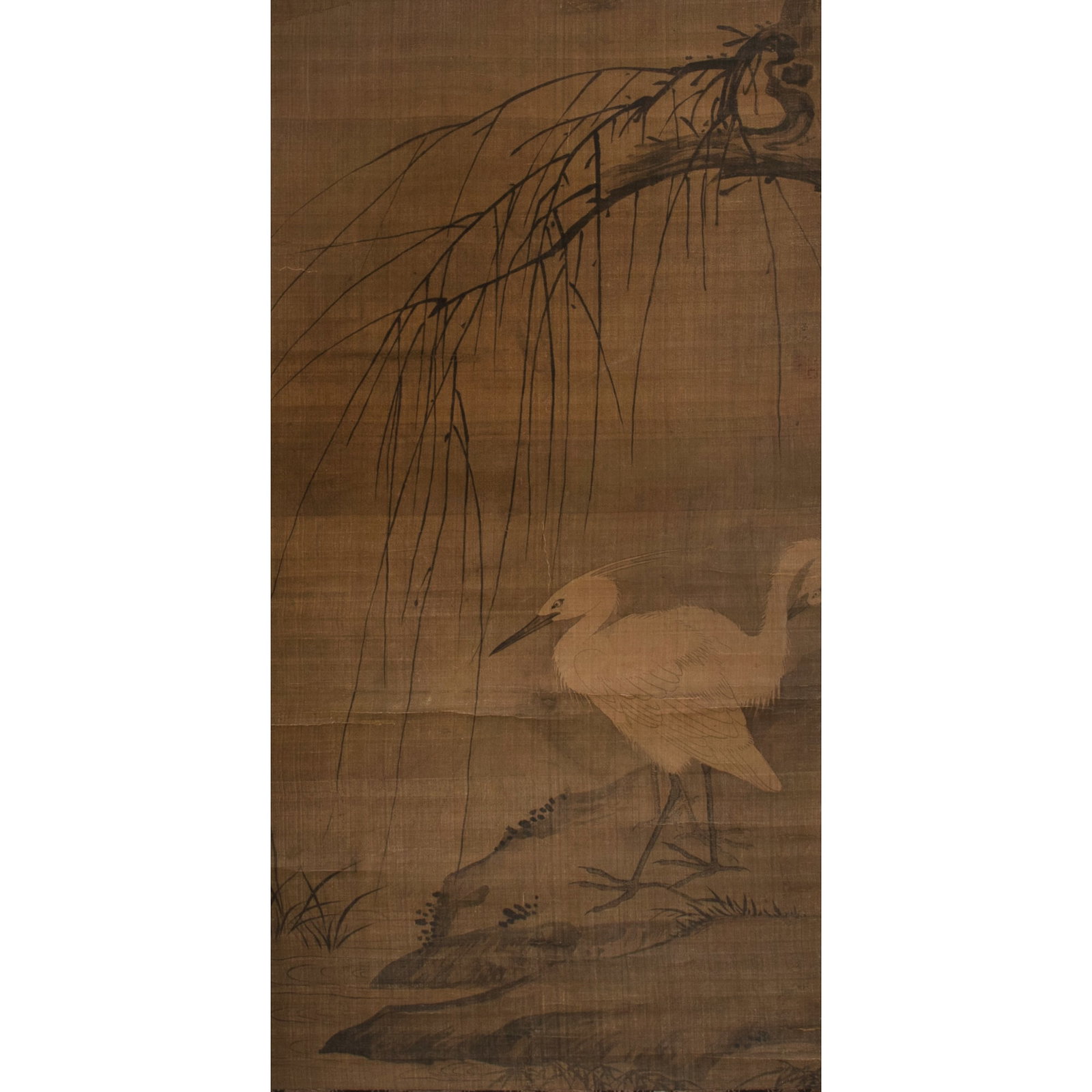 A Chinese 'crane' painting, attributed to Zhao Mengfu (1254-1332): A Chinese 'crane' painting attributed to Zhao Mengfu (1254-1332) On silk, with title slip, signature and one seal. Painting depicts a heron and willow, which evoke purity and resilience. Sold with ass