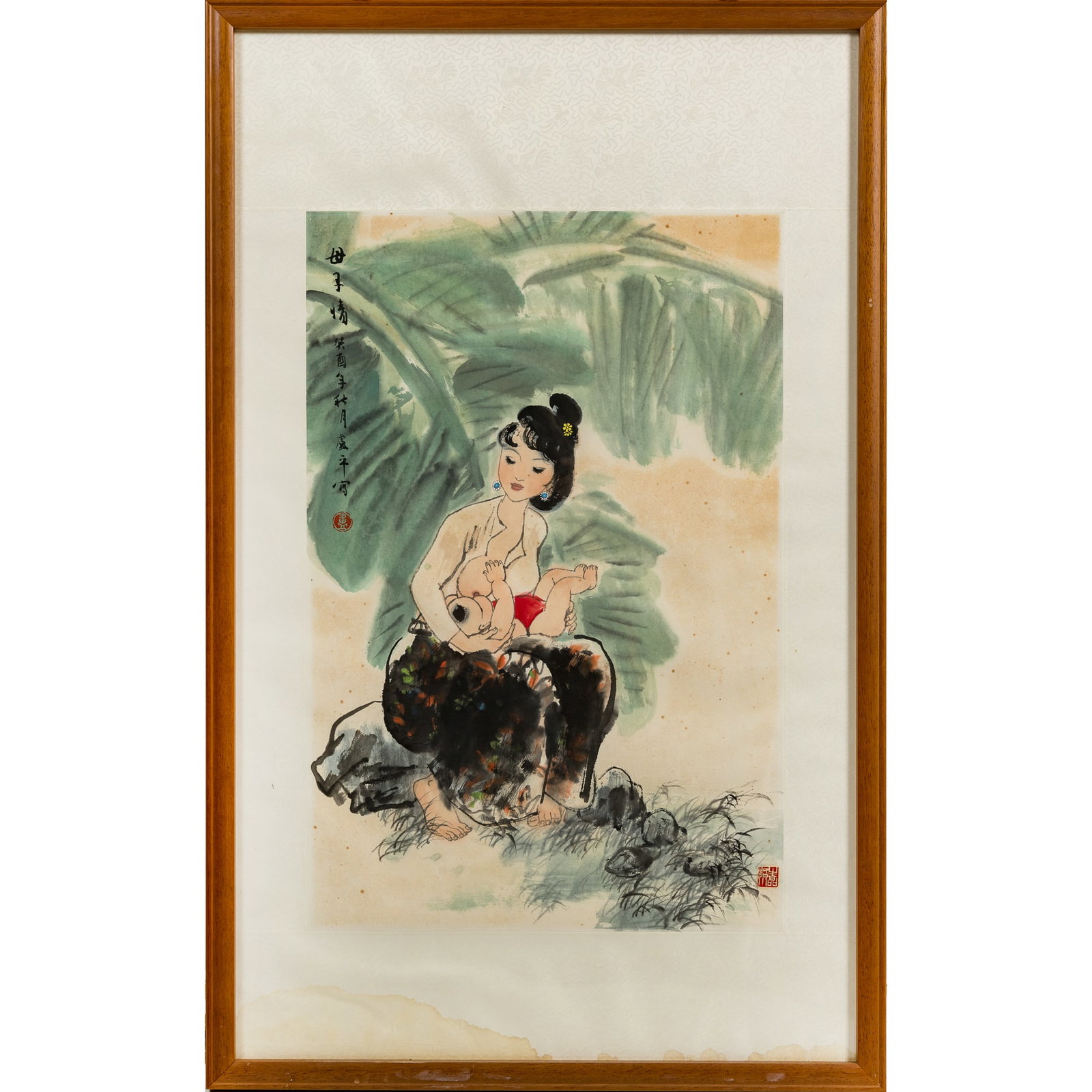 A Chinese painting of mother and child, by Lu Ping (b. 1958): A Chinese painting of mother and child by Lu Ping (b. 1958) With title, date, signature and two seals; framed. Sight dimensions: H: 27, W: 18 in. (H: 68.6, W: 45.7 cm.) Overall dimensions: H: 40 3/4, 