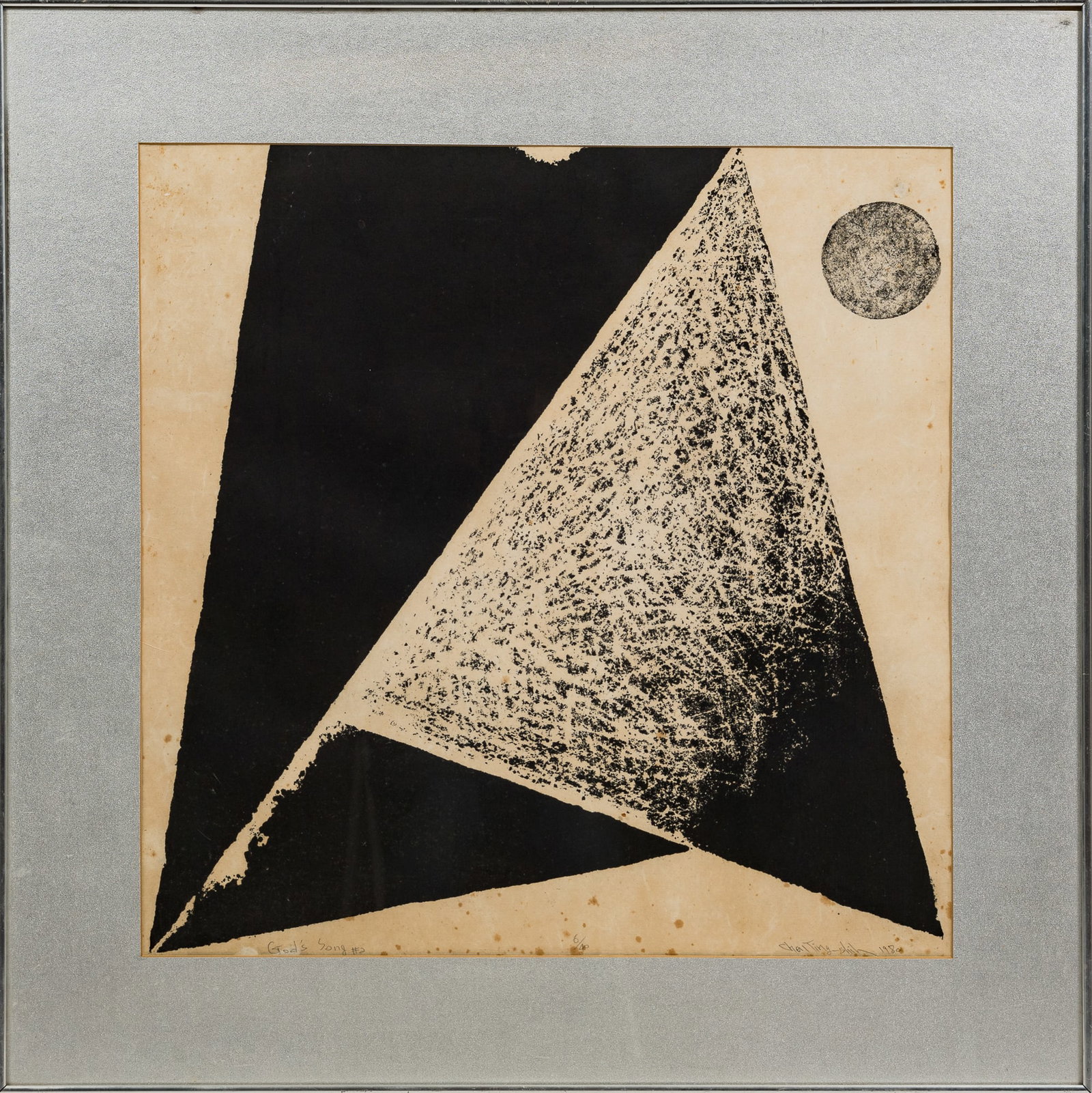A woodblock print titled "God’s Song No. 2", by Chen Ting-Shih (1913-2002), dated 1980: A woodblock print titled "God’s Song No. 2" by Chen Ting-Shih (1913-2002), dated 1980 Edition 6/40; framed. Chen Ting-Shih was part of a modern art movement in Taiwan that sought to bring Chinese ar