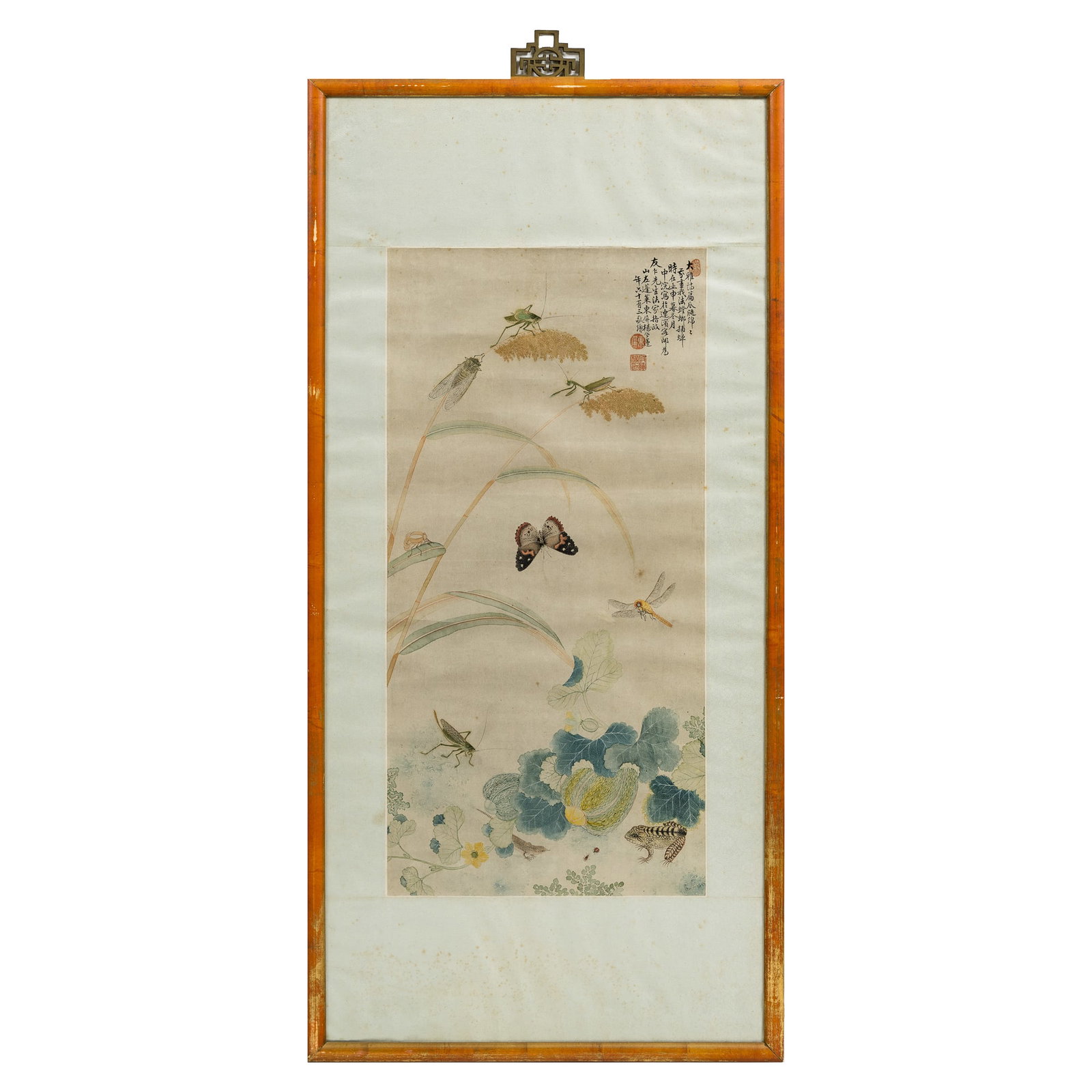 A Chinese 'plant' and 'insect' painting, by Yang Dongping: A Chinese 'plant' and 'insect' painting by Yang Dongping With inscription, signature and three seals; framed. Sight dimensions: H: 25, W: 12 in. (H: 63.5, W: 30.5 cm.) Overall dimensions: H: 37 1/2, W
