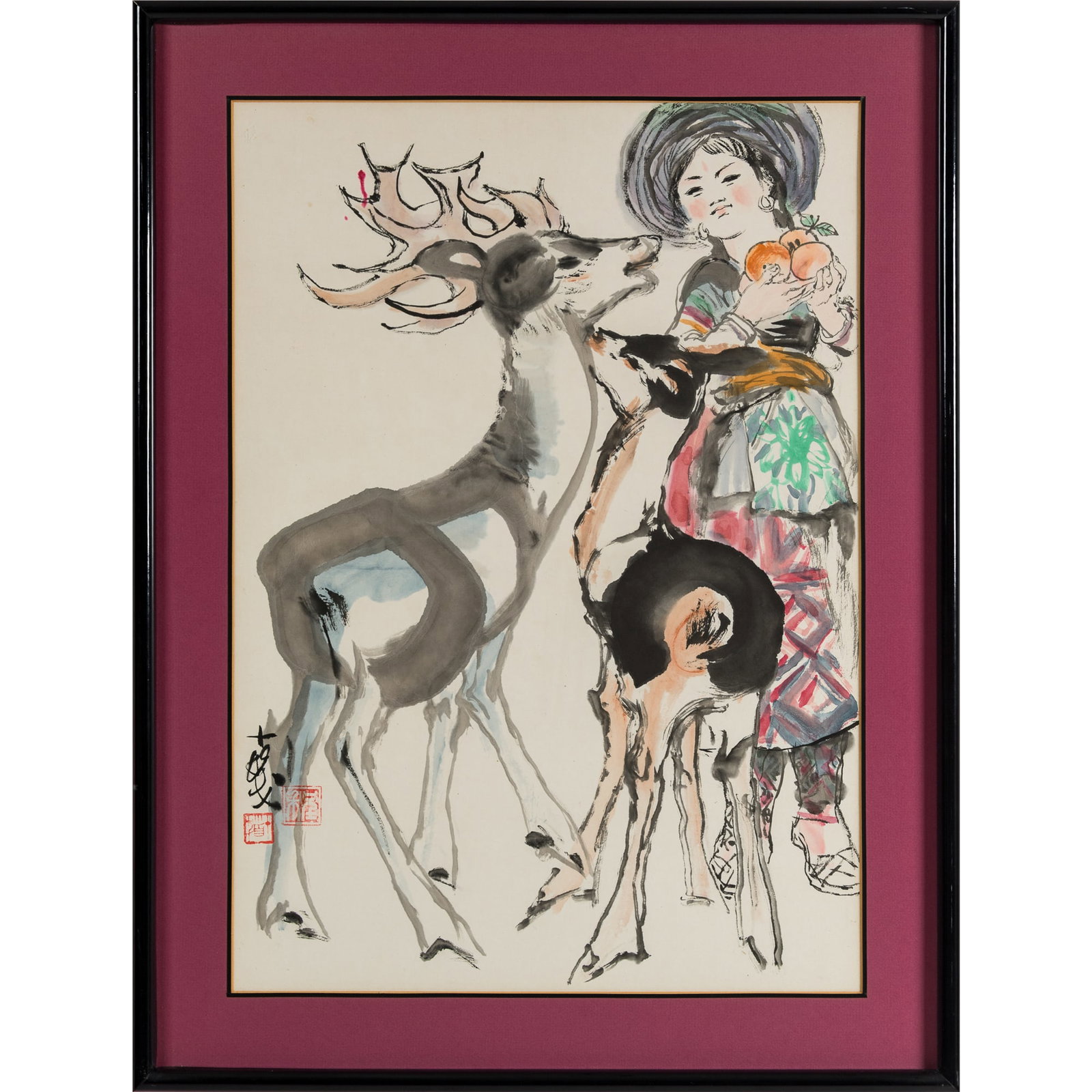 A Chinese 'Maiden and Deer' painting, by Cheng Shifa (1921-2007): A Chinese 'Maiden and Deer' painting by Cheng Shifa (1921-2007) This painting shows a young girl dressed in ethnic clothing next to a deer, symbolizing harmony between humanity and nature. With signat