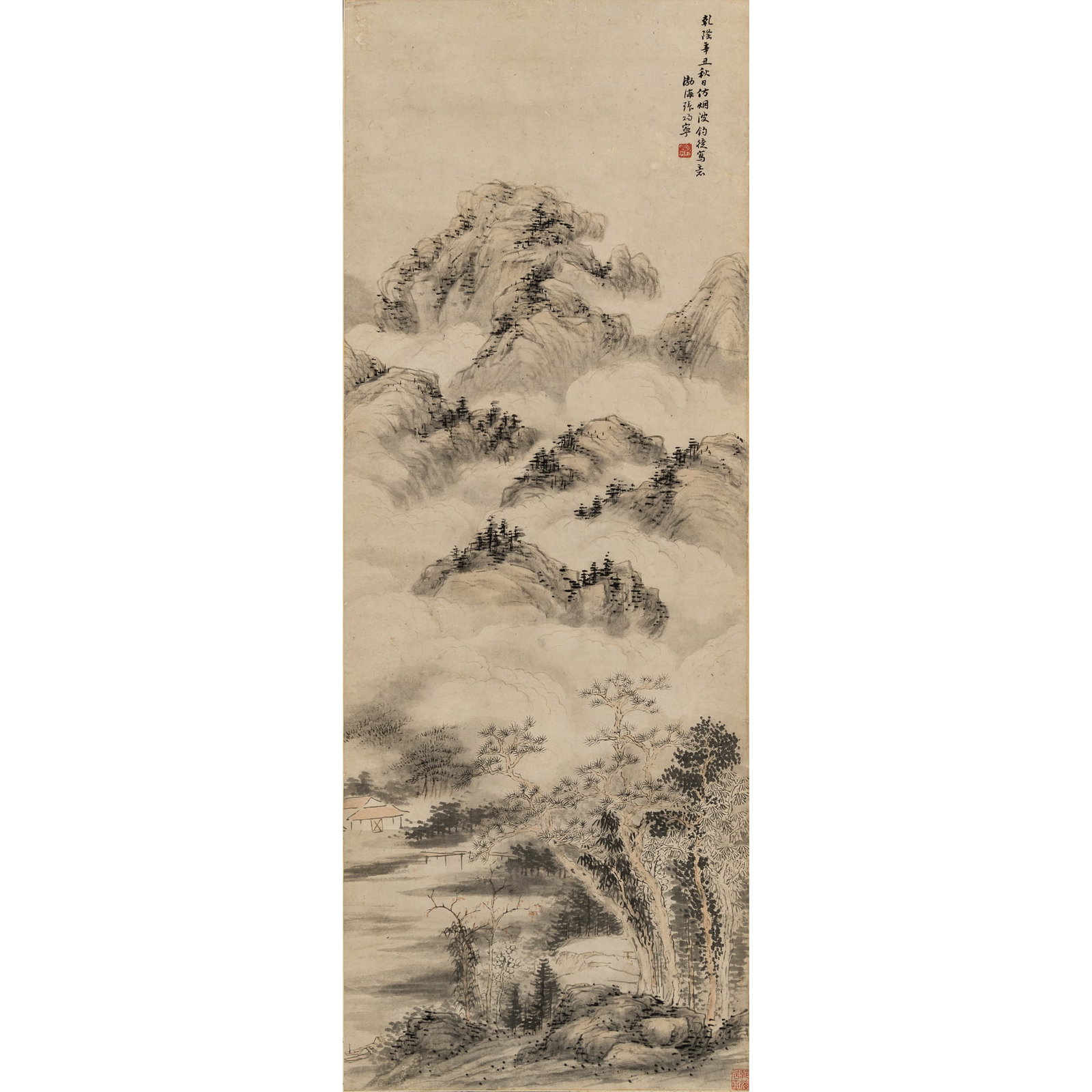 A Chinese landscape painting, hanging scroll, by Zhang Cining (1743-1818), dated 1781: A Chinese landscape painting, hanging scroll by Zhang Cining (1743-1818), dated 1781 With inscription, signature and two seals. Sight dimensions: H: 33 1/2, W: 12 3/8 in. (H: 85.1, W: 31.4 cm.) From M