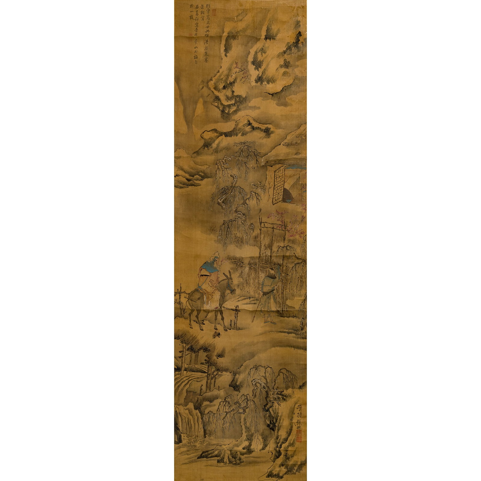 A Chinese 'landscape' and 'figural' painting, hanging scroll, attributed to Zhang Chong (Ming: A Chinese 'landscape' and 'figural' painting, hanging scroll attributed to Zhang Chong (Ming dynasty) On silk; with inscription, signature and five seals. Sight dimensions: H: 70 1/2, W: 21 in. (H: 17