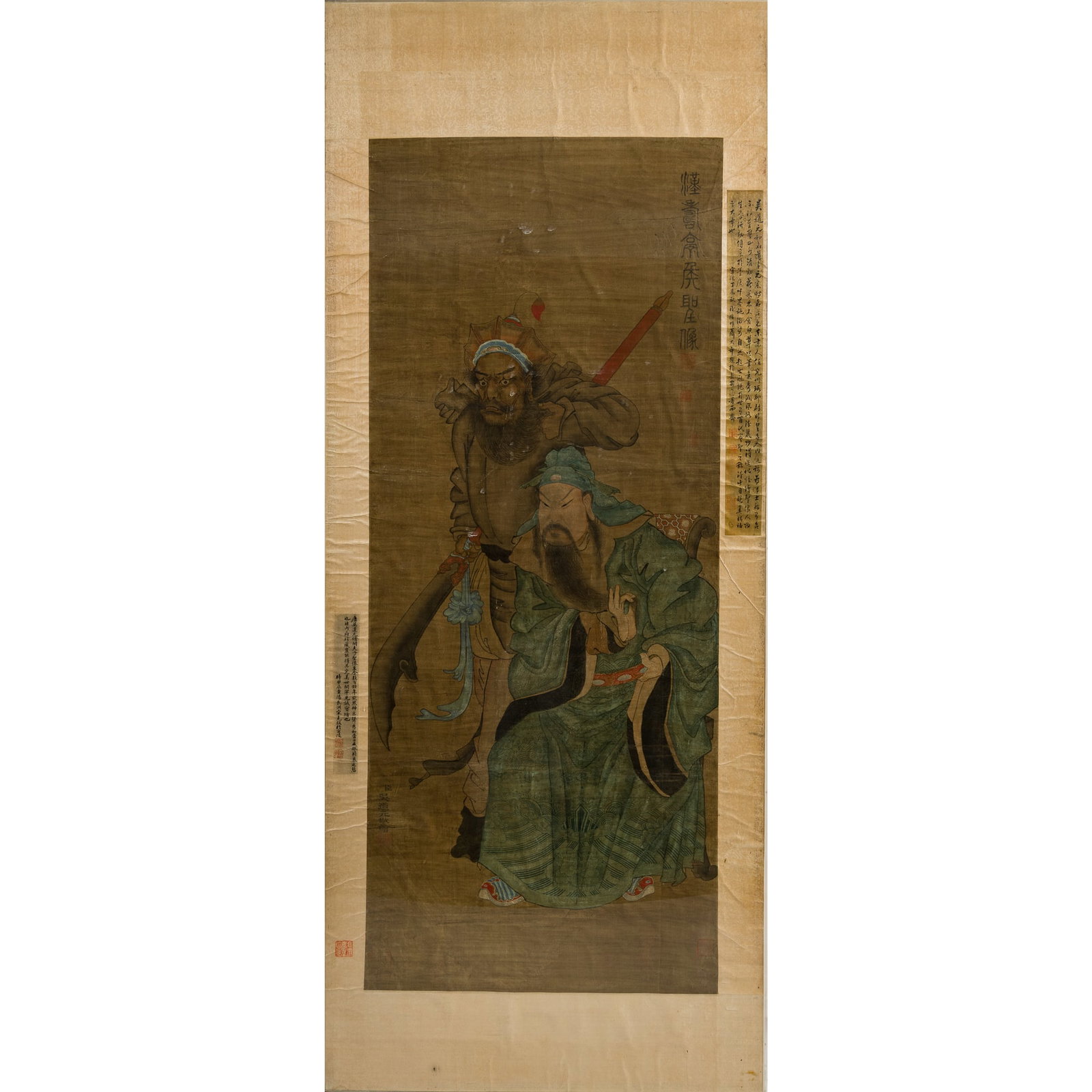 A Chinese 'Guan Yu' painting, attributed to Wu Daoyuan (680-740): A Chinese 'Guan Yu' painting attributed to Wu Daoyuan (680-740) Colophon on right hand side by Nie Danian (1402-1456), dated 1427. Colophon on left hand side by Song Ke (1327-1387), dated 1364. With s
