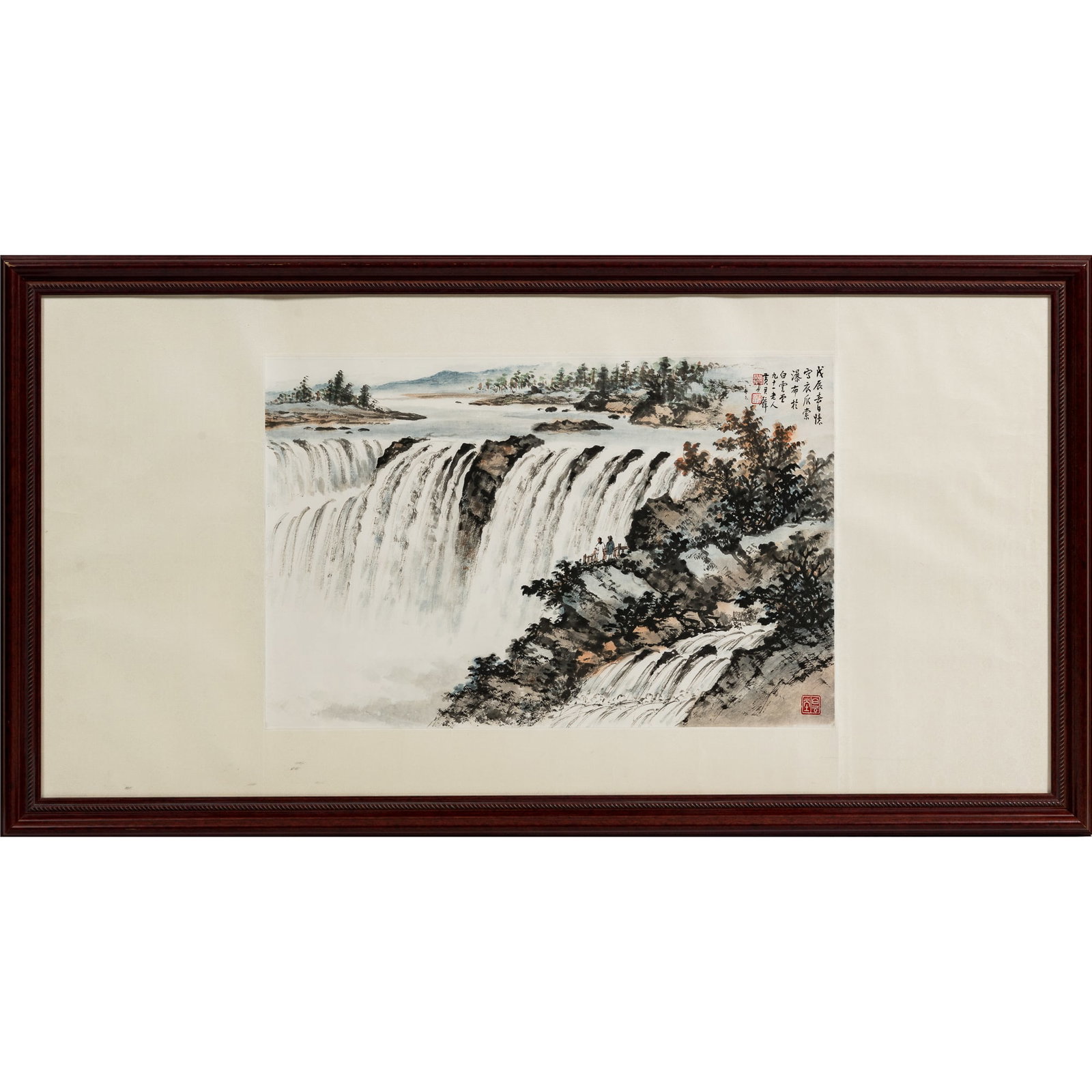 A Chinese horizontal painting of Iguazu Falls in Brazil, by Huang Junbi (1898-1991): A Chinese horizontal painting of Iguazu Falls in Brazil by Huang Junbi (1898-1991) With date, title, signature and three seals; framed. Sight dimensions: H: 15 1/2, W: 23 1/2 in. (H: 39.4, W: 59.7 cm.