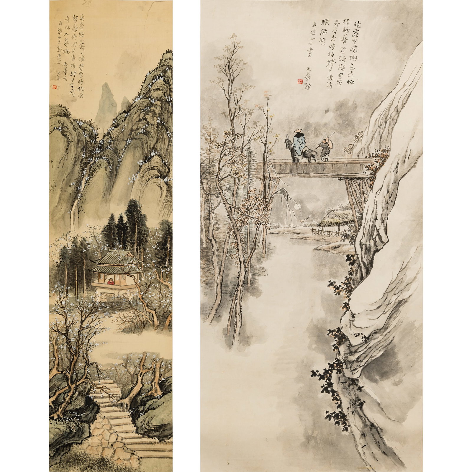 Two Chinese landscape paintings, by Pan Zaili, with colophons by Xie Wuliang (1884-1964) (1 of 9)
