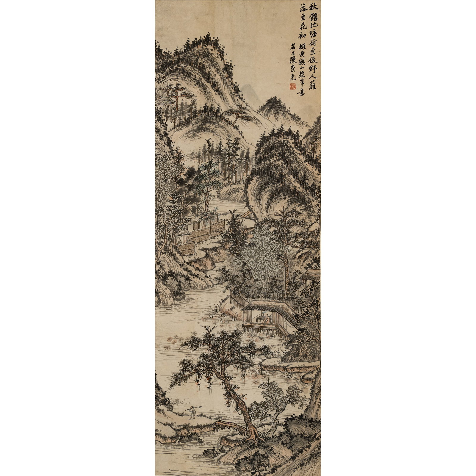 A Chinese painting of landscape and figures, hanging scroll, by Chen Chongguang (1838-1896) (1 of 5)
