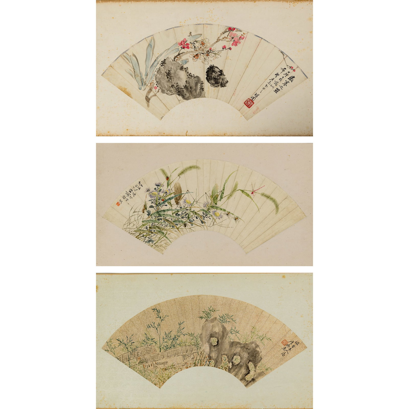 Three Chinese 'floral' fan paintings, Qing dynasty/Republic period: Three Chinese 'floral' fan paintings Qing dynasty/Republic period Painting with plum blossom, narcissus, and rocks signed by Ruitu; painting with flowers, grass, and insects signed by Xu Pei; painting