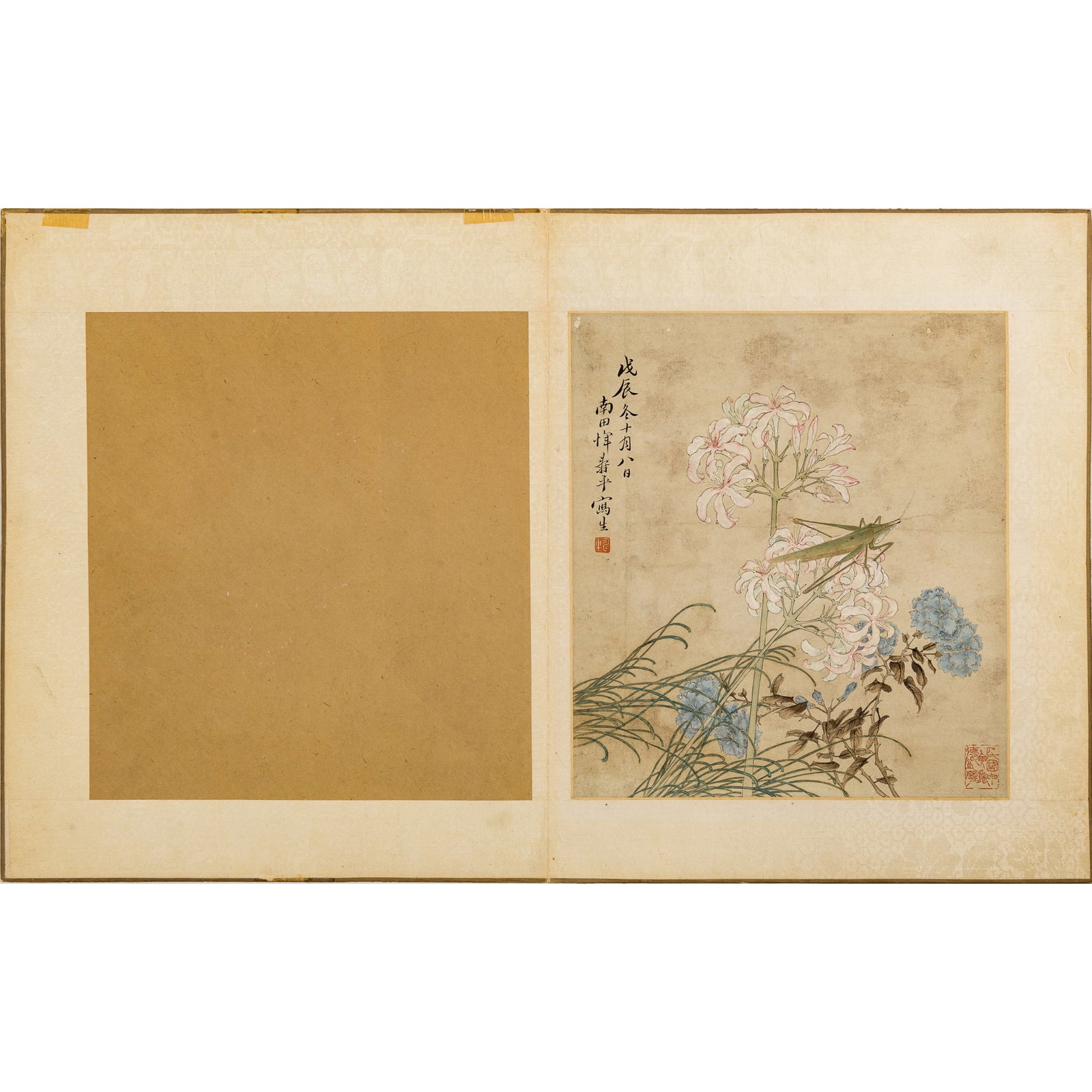A Chinese 'flower' and 'insect' album leaf, by Yun Shouping (1633-1690): A Chinese 'flower' and 'insect' album leaf by Yun Shouping (1633-1690) With date, signature and two seals. Sight dimensions: H: 9 1/4, W: 8 1/2 in. (H: 23.5, W: 21.6 cm.) From Mrs. Bardoff of Santa Ro