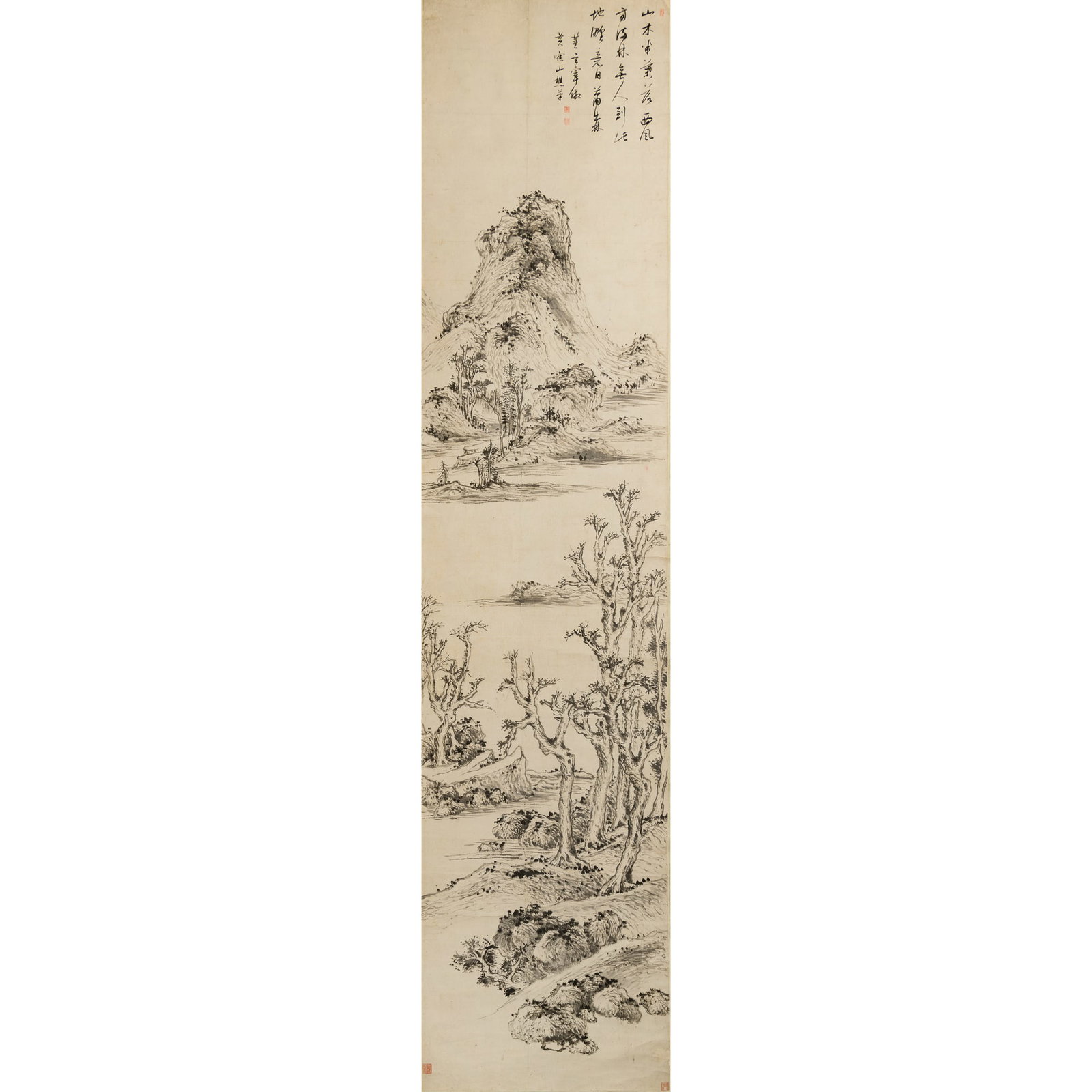 A Chinese landscape painting, hanging scroll, attributed to Dong Qichang (1555-1636): A Chinese landscape painting, hanging scroll attributed to Dong Qichang (1555-1636) With inscription, signature and five seals. Sight dimensions: H: 124, W: 31 1/4 in. (H: 315, W: 79.4 cm.) Lots 537 t