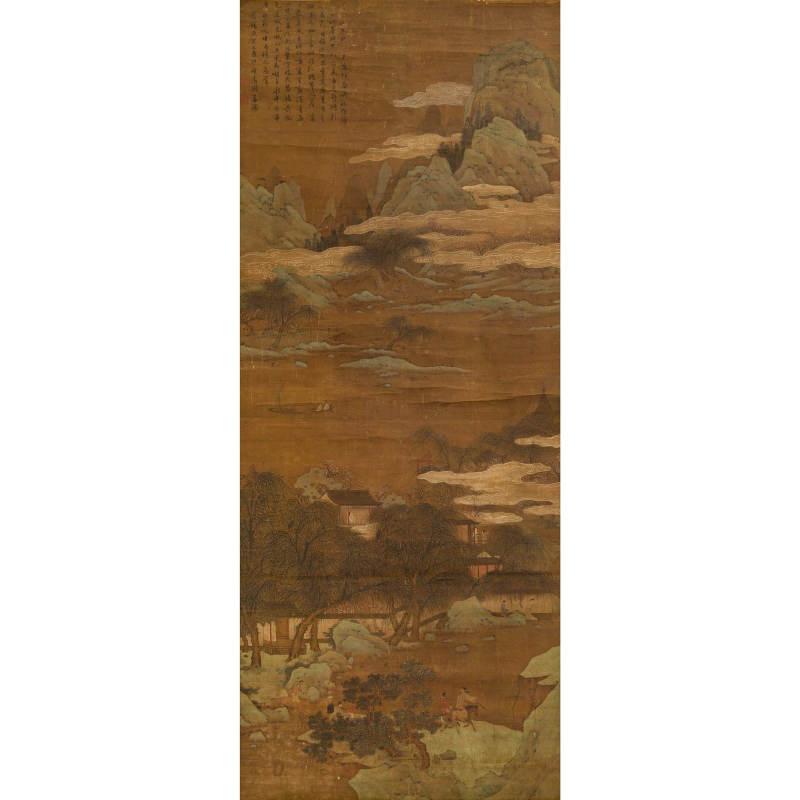 A Chinese landscape painting, hanging scroll, attributed to Wen Zhengming (1470-1559): A Chinese landscape painting, hanging scroll attributed to Wen Zhengming (1470-1559) With inscription, date, signature and two seals. Sight dimensions: H: 53, W: 22 1/4 in. (H: 134.6, W: 56.5 cm.) Lot