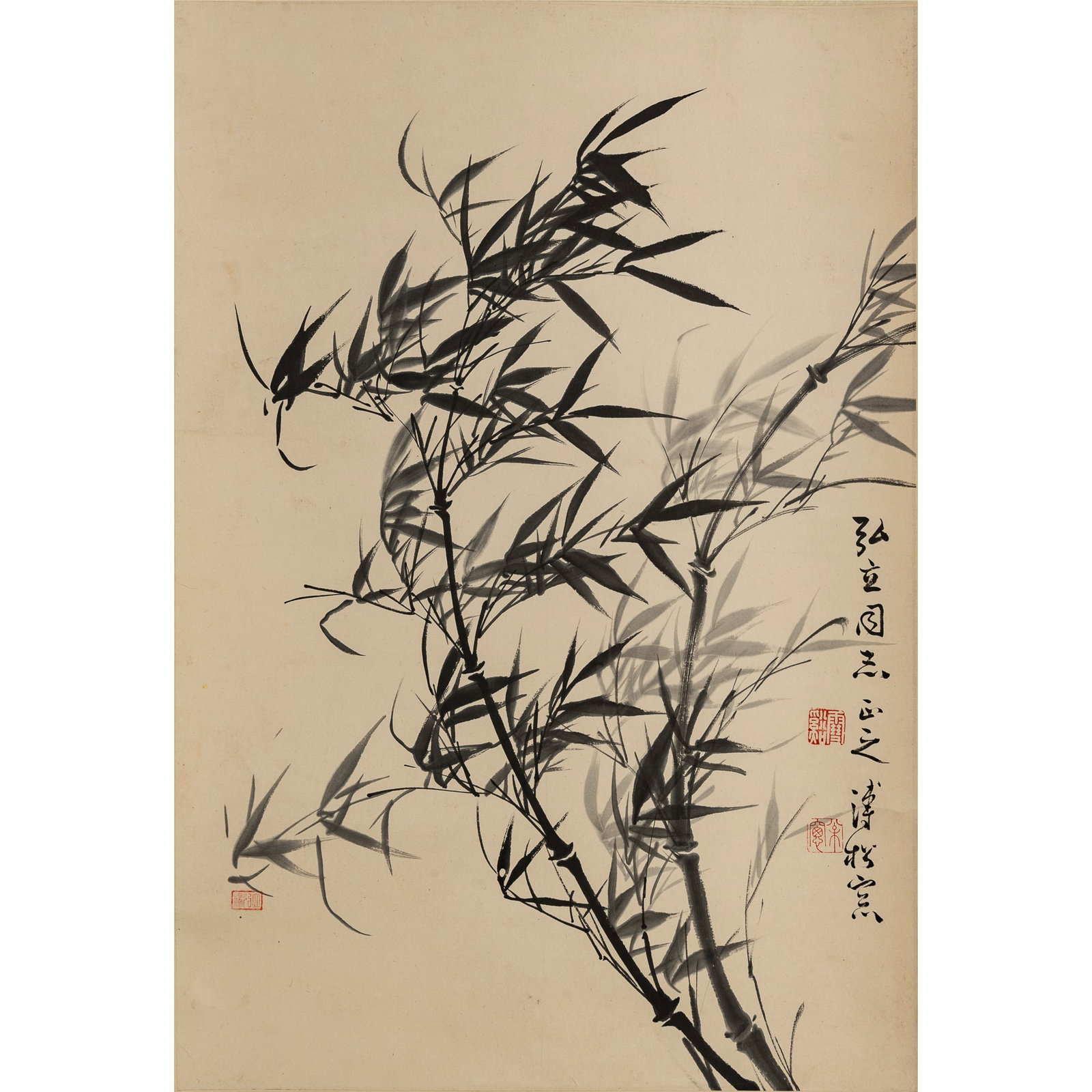 A Chinese 'bamboo' painting, hanging scroll, by Pu Songchuang (Puquan, 1913-1991) (1 of 6)