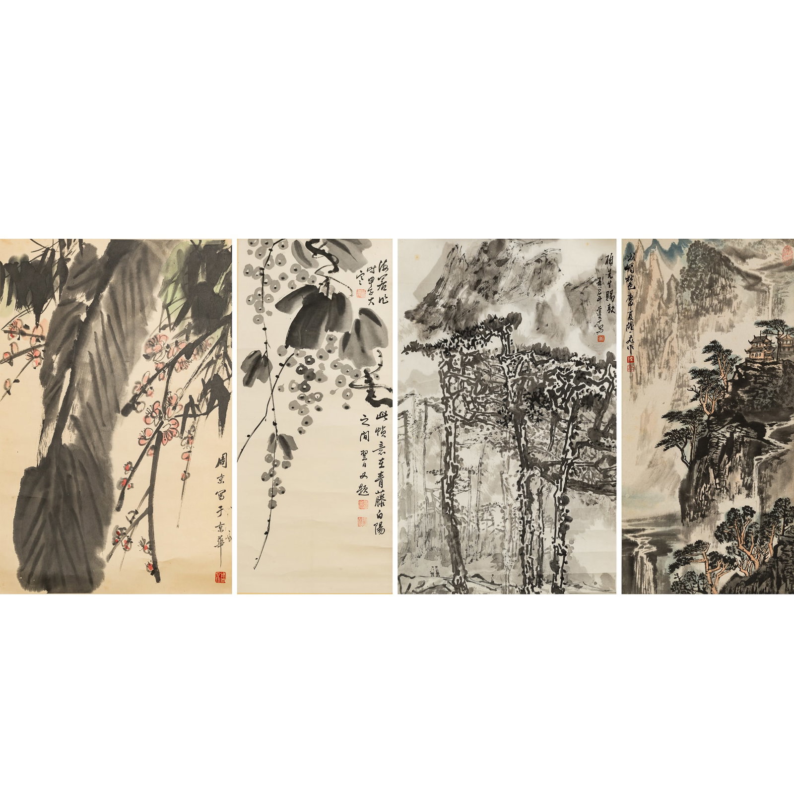 Four Chinese paintings of plants and landscape, by Lu Yifei and three others (1 of 16)